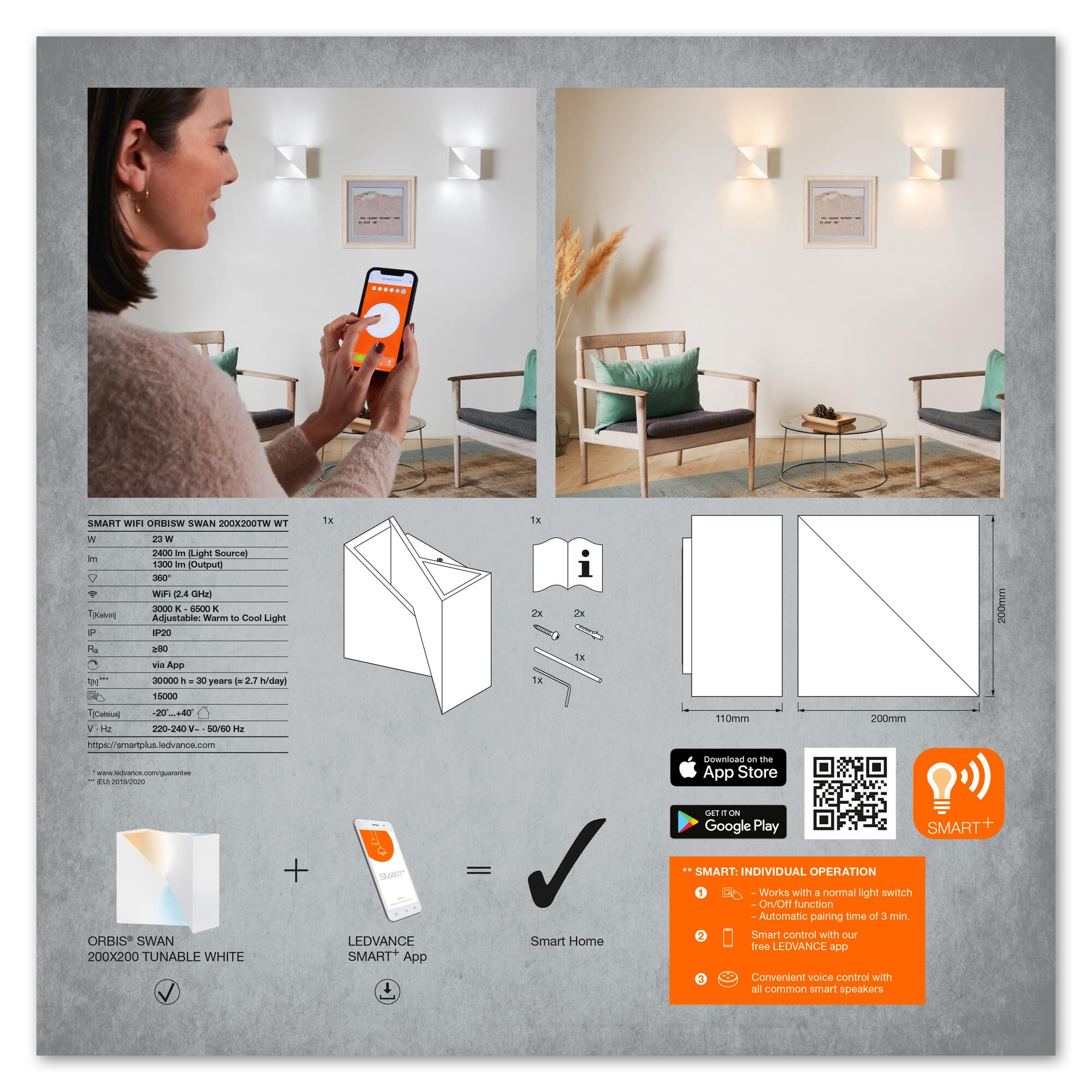 LEDVANCE ORBIS SWAN SMART+ Wi-Fi Leuchte, dimmbare LED Wandleuchte für den Innenbereich, 23W, Farbtemperatur von 3000-6500K, 600 Lumen, bemalbarer Oberfläche, quadratische Form 20x20cm