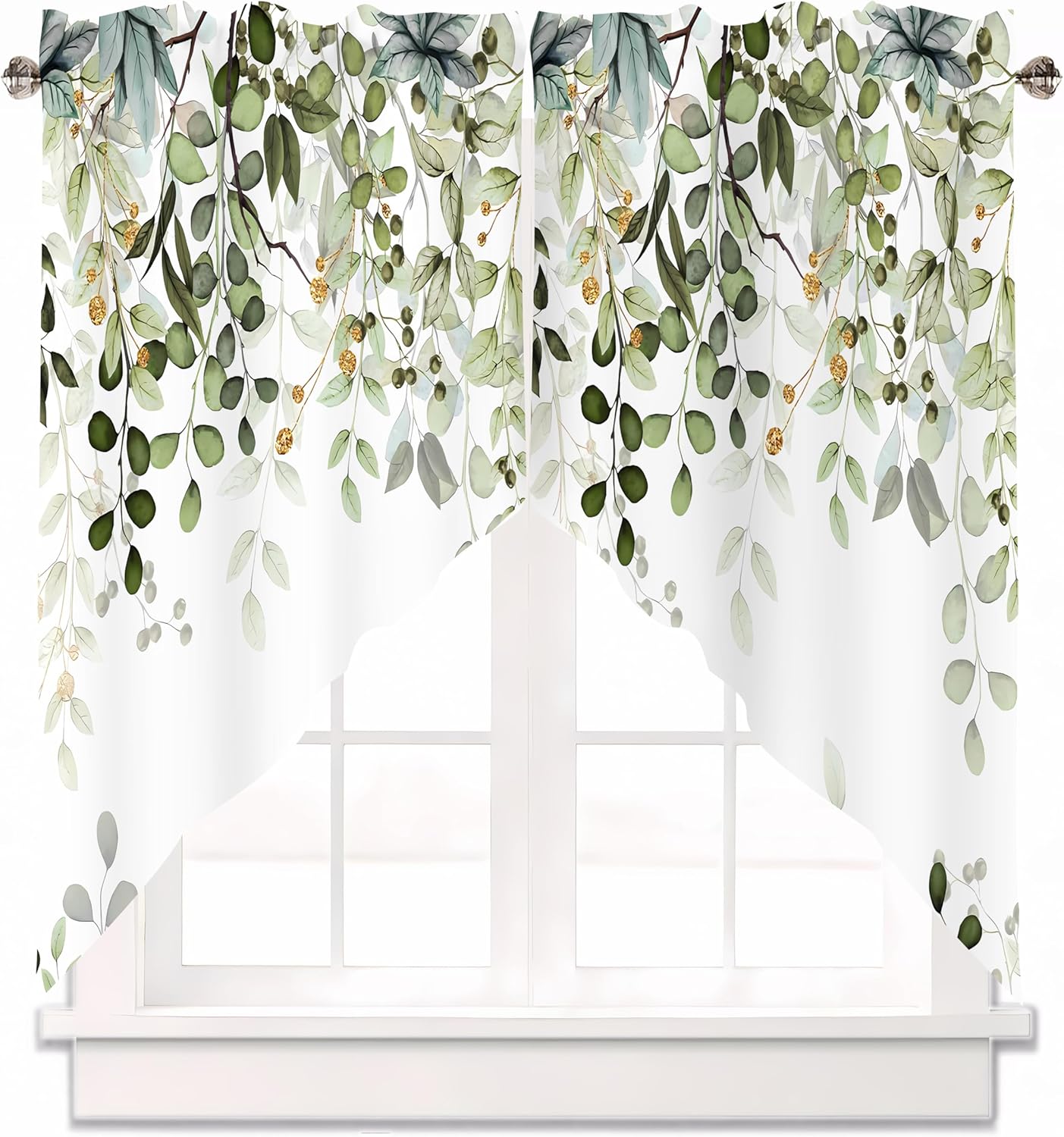 Sage Green Eucalyptus Swag Curtain Valance for Windows,Watercolor Leaves Window Treatments Short Swag Topper for Kitchen Windows Bathroom Bedroom,36 x 63 Inch, 1 Pair 36\"W x 63\"L (Pack of 2) Grey (Similar To Stock Photo)