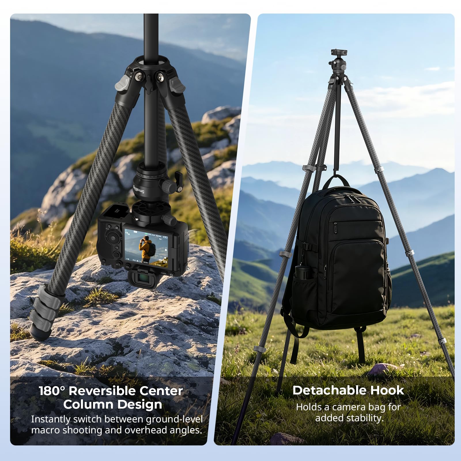 SMALLRIG Trípode portátil de Viaje para fotografía, trípode Compacto de Fibra de Carbono, soporta hasta 5 kg, rótula Suave con Disparo Vertical de 90°, Columna Central Reversible de 180° - 5876