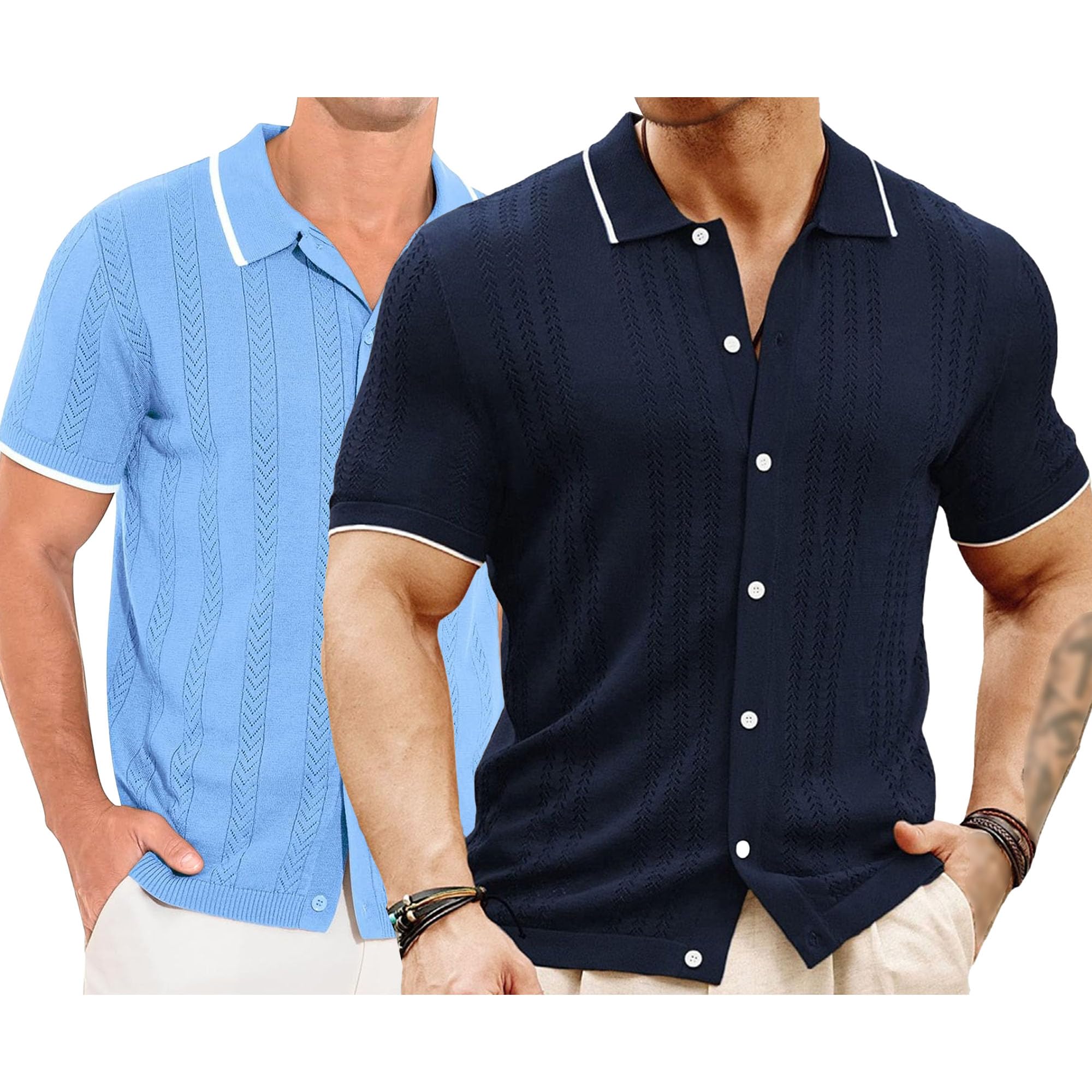 Camisa de punto con botones para hombre, de manga corta, con botones, para vacaciones, estilo informal, estilo vintage, para la playa