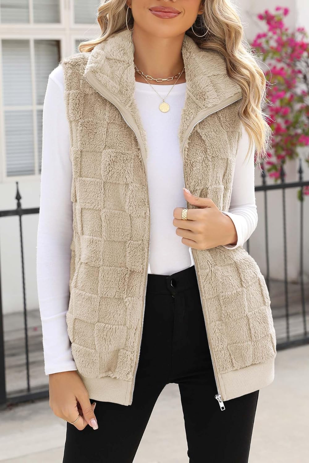 ReachMe Womens Fleece Sherpa Vest Winter Sleeveless Fuzzy Fluffy Checkered Plaid Vest Zip Up Jacket with Pockets - Image 2