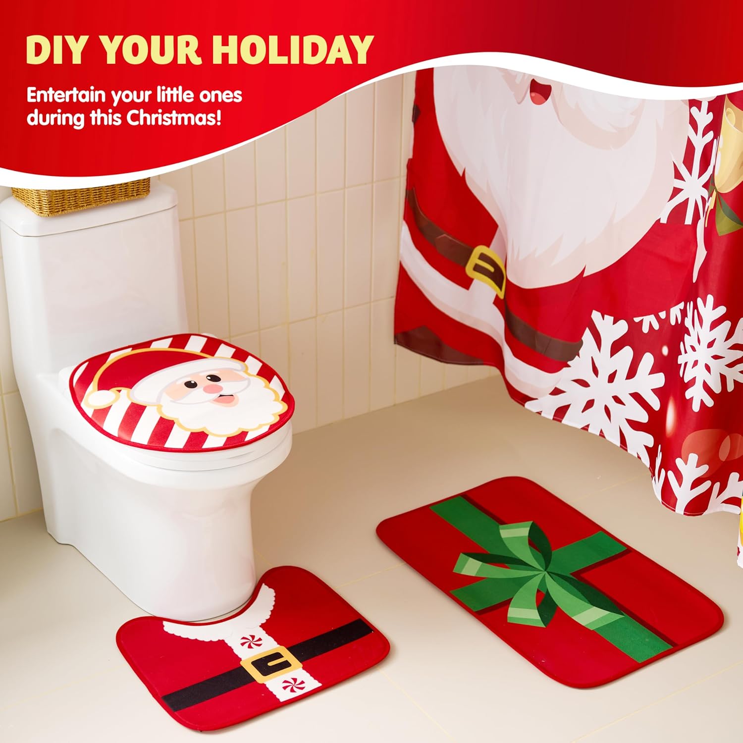 JOYIN 4 Pcs Christmas Bathroom Set with Shower Curtain, Bath Mat, Toilet Lid Cover, U Shape Rug & Hooks, Xmas Bathroom Decor Santa Claus Theme for Holiday Use Party Favors Indoor