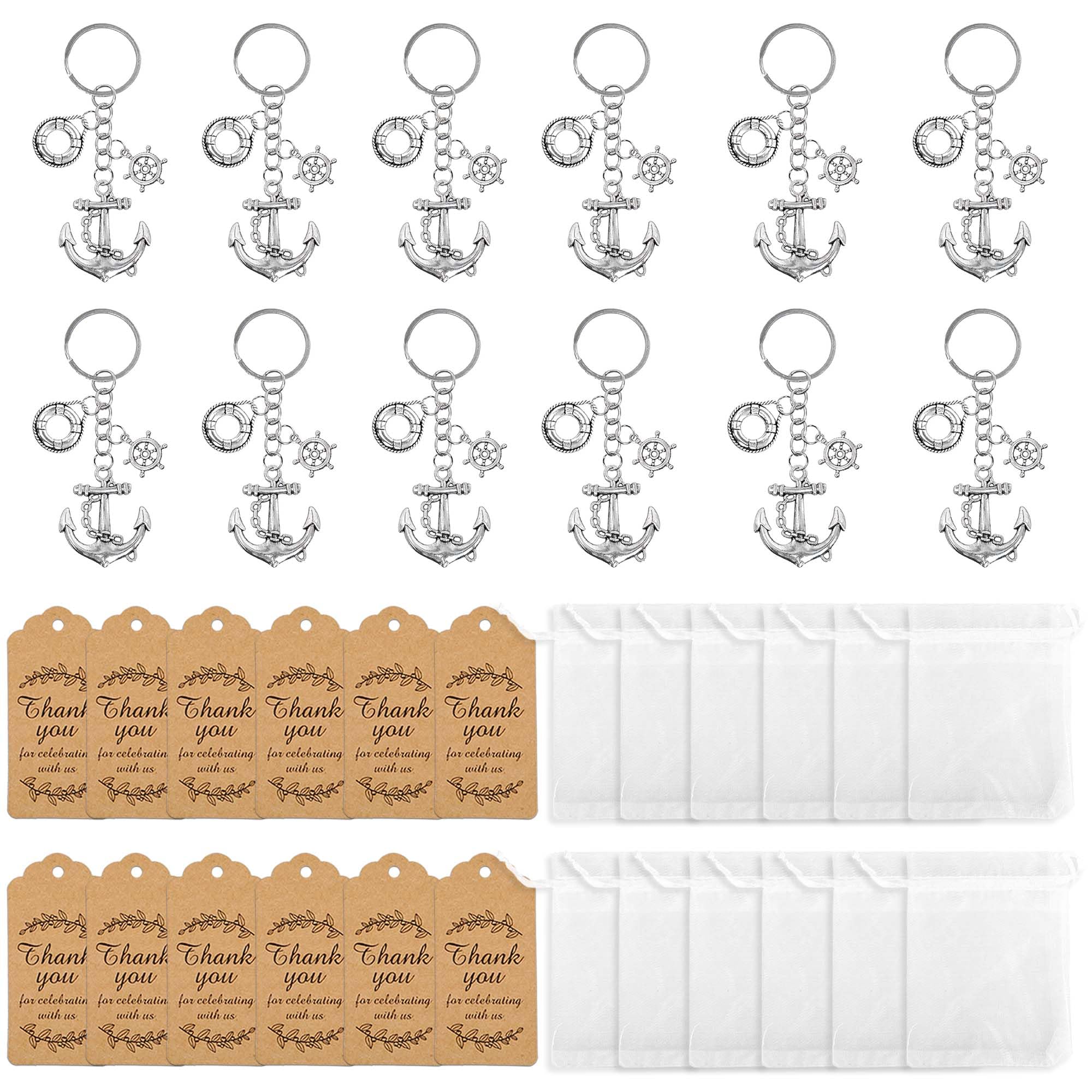 BANBALLON 12Set Nautical Party Favors Anchor Keychain with Rudder Lifebuoy and Gauze Bag Thank You Tags for Engagement Wedding Nautical Adventure Themed Party (Silver)