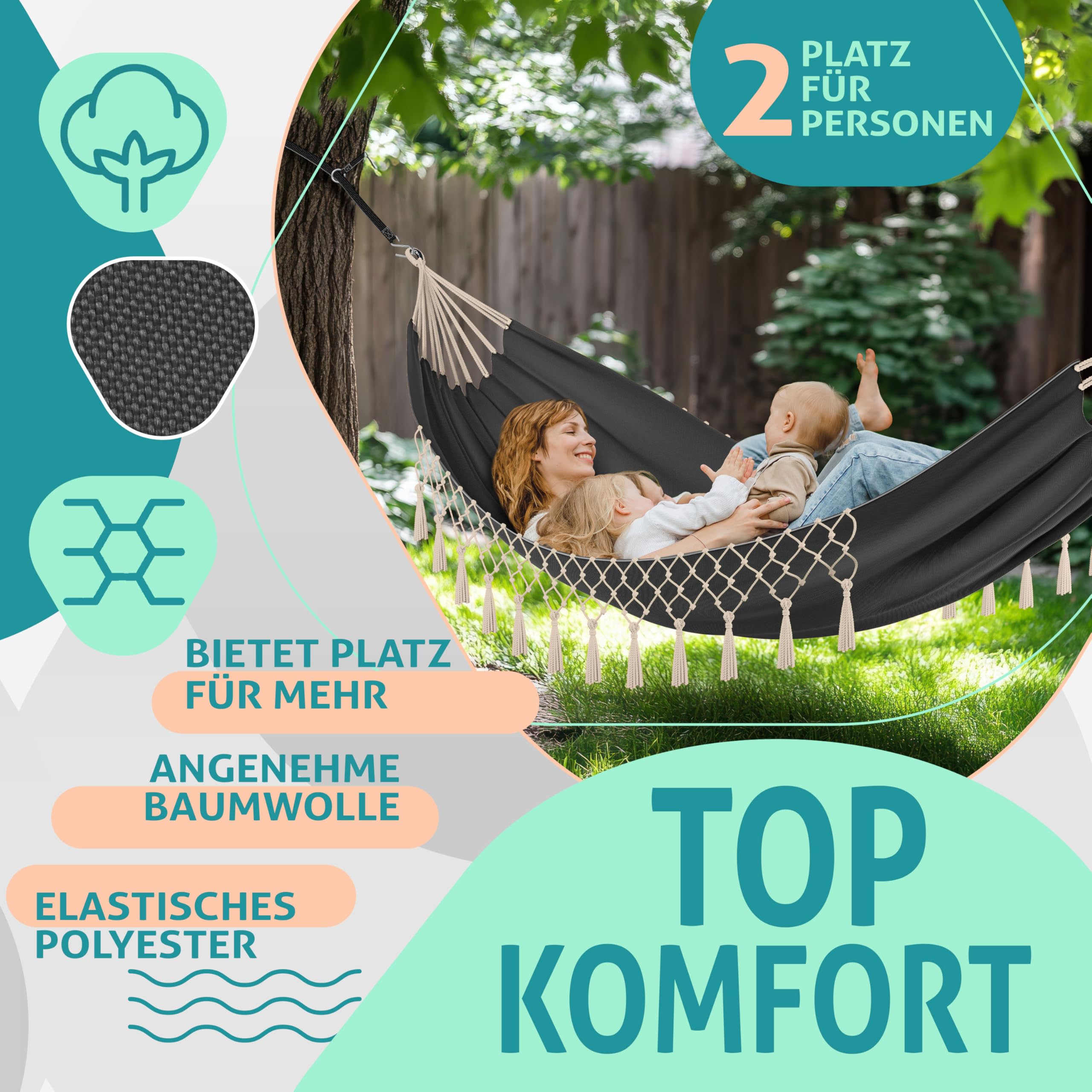 KESSER® Hängematte 320x150 cm belastbar bis 300 kg, wetterfeste & atmungsaktive Tuchhängematte mit Fransen für 1-2 Personen – Ideal für Camping, Garten & Outdoor, inkl. Beutel, Seile & Gurte,Anthrazit