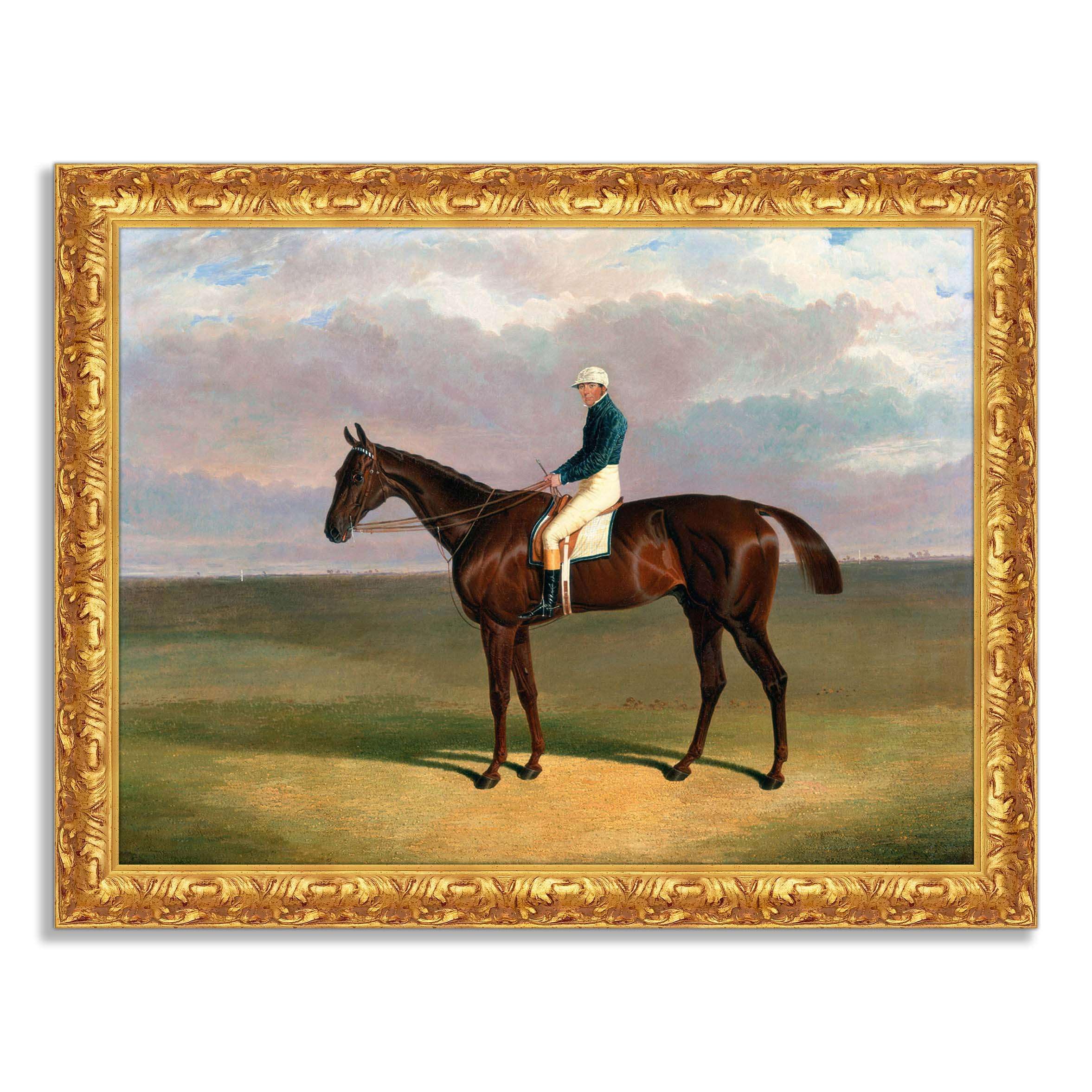 LuxHomeDecor George Stubbs – Jockey à cheval – Tableau impression sur toile effet peinture avec cadre en bois doré baroque classique - 80x60 cm