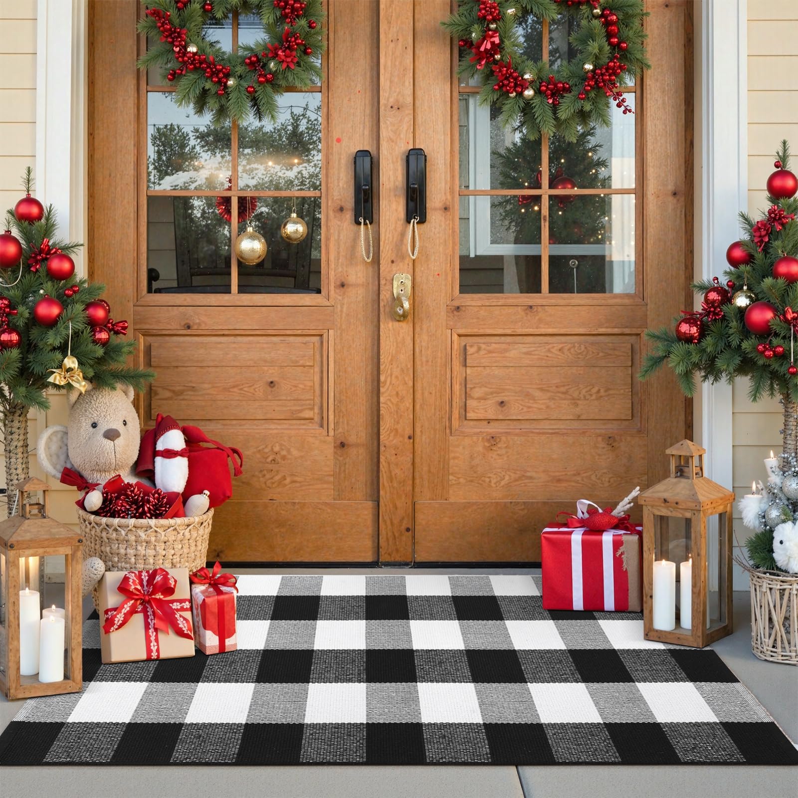 KIMODE Buffalo Plaid Outdoor Rug Runner Doormat 24'' x 51", Black/White Cotton Woven Checkered Farmhouse Porch Outdoor Rugs, Washable Indoor Door Mat for Front Layered Kitchen Bathroom Laundry Room