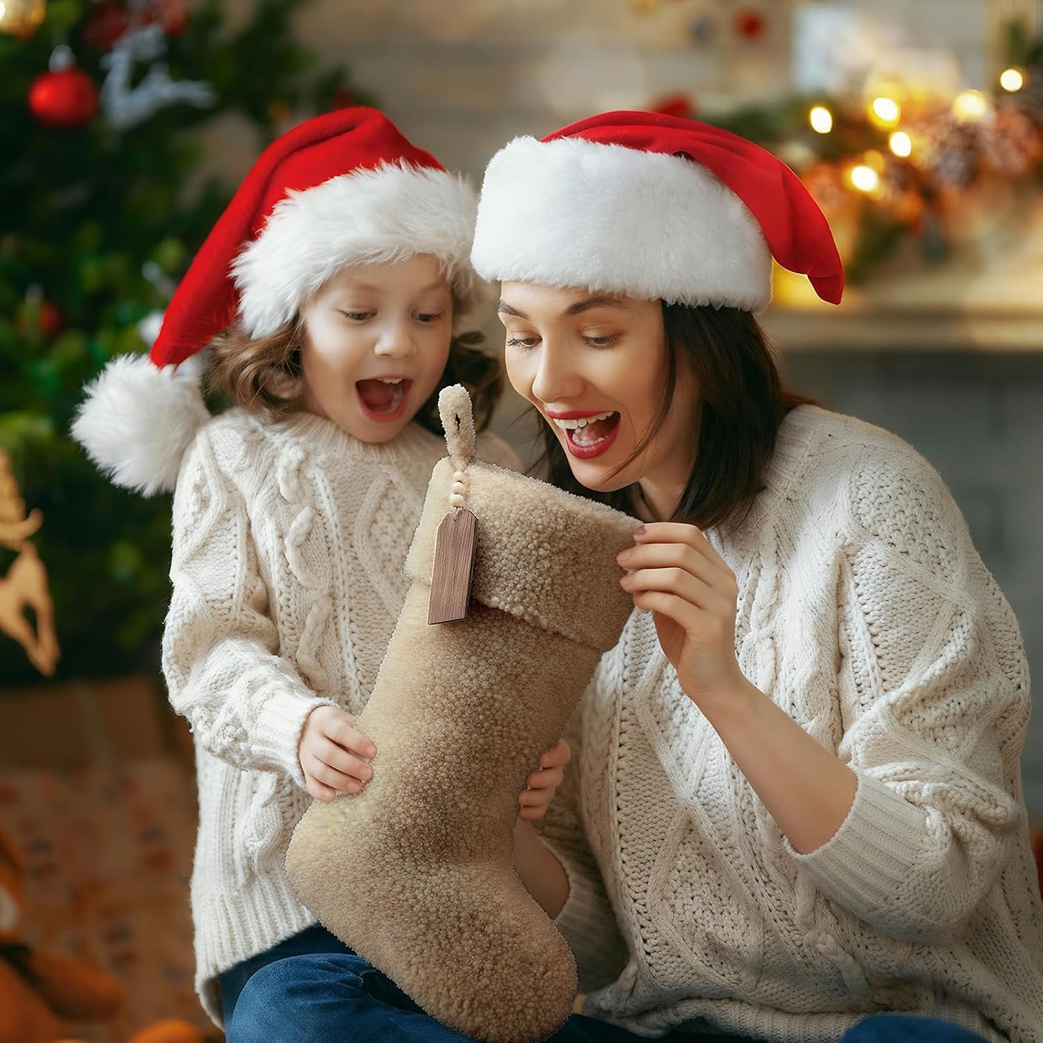 Shinymoon 3 Pcs 21 Inch Brown Plush Faux Fur Christmas Stockings Sherpa Large Furry Cream Personalized Rustic Neutral Luxury Fuzzy Stocking Xmas Fireplace Stockings with Wooden Tags Farmhouse Decor