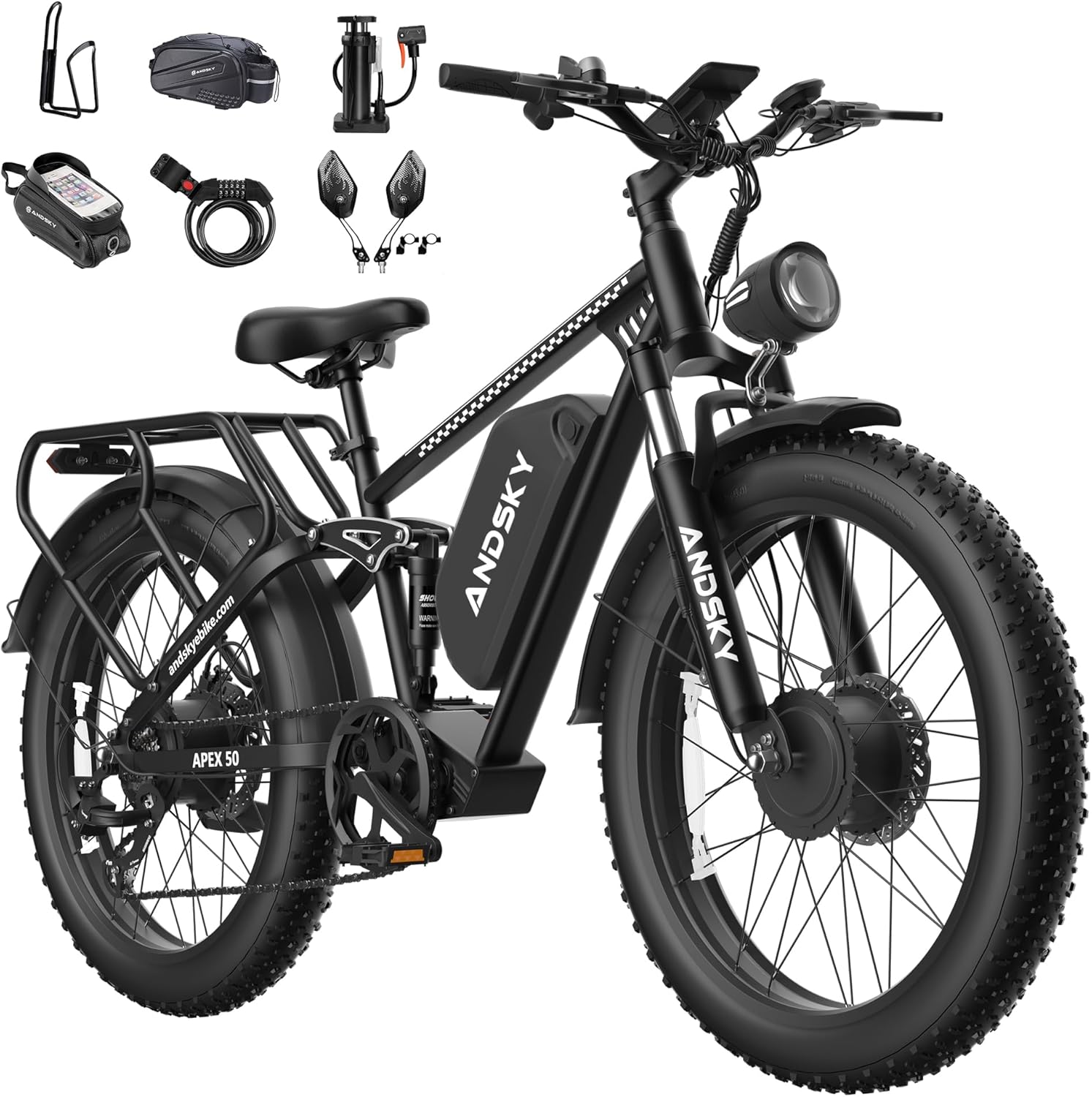 Apex 50 Electric Bike Dual Motor for Adults (CA Immediate-De'livery) 52V 25AH/48V 25AH, 26" Fat Tires Full Suspension 35MPH/100Mile, Hydraulic Brake