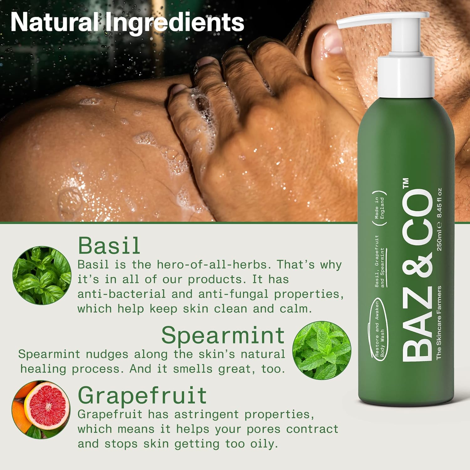 BAZ & CO Mens Moisturizing Body Wash - Restore and Awaken Body Wash for Men 8.45 Fl Oz with Basil, Grapefruit and Spearmint
