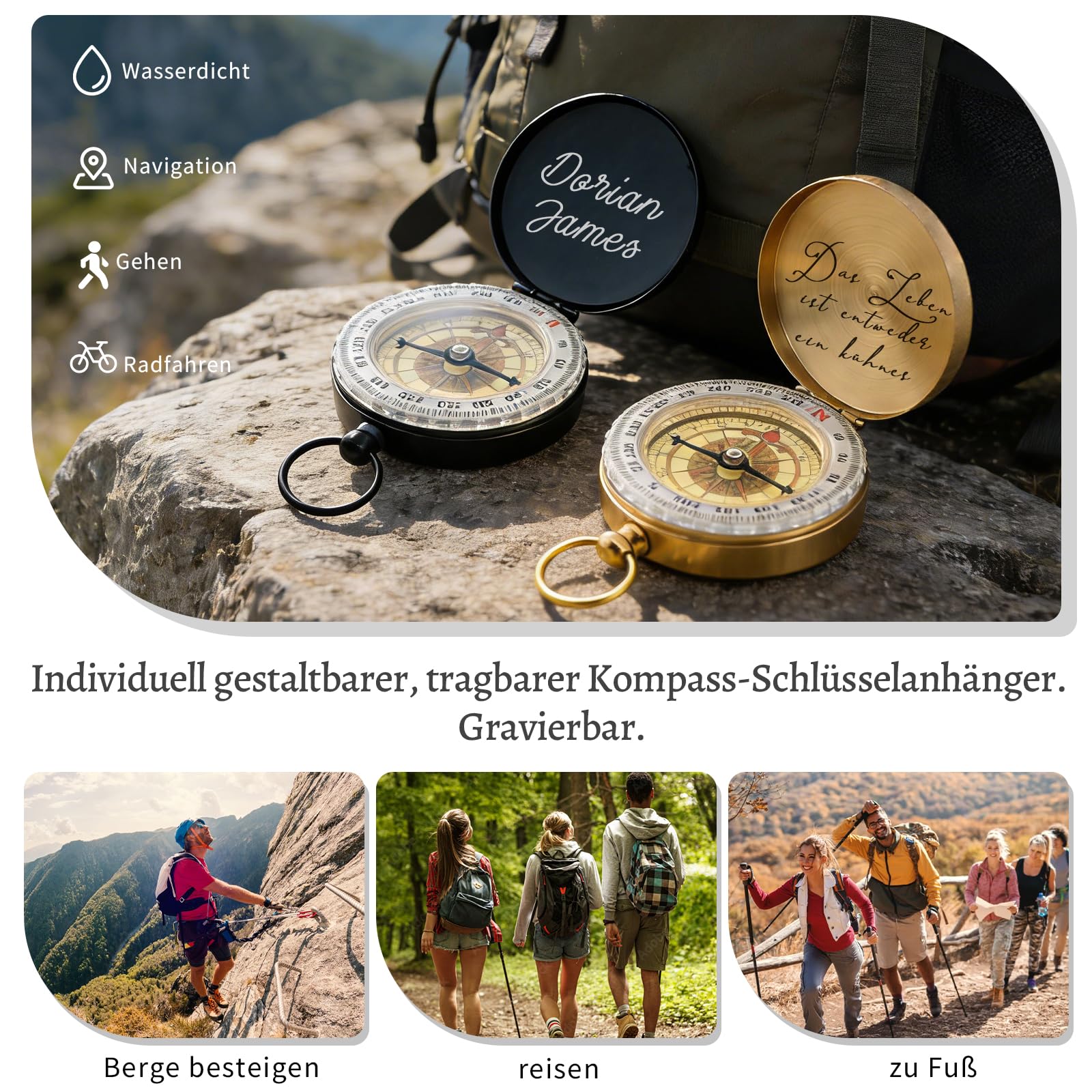 Personalisierter Kompass mit Gravur Foto Text Personalisierte Mini Kompas Schlüsselanhänger mit Leuchtziffern Geschenk für Mann Vater Freund Neffe