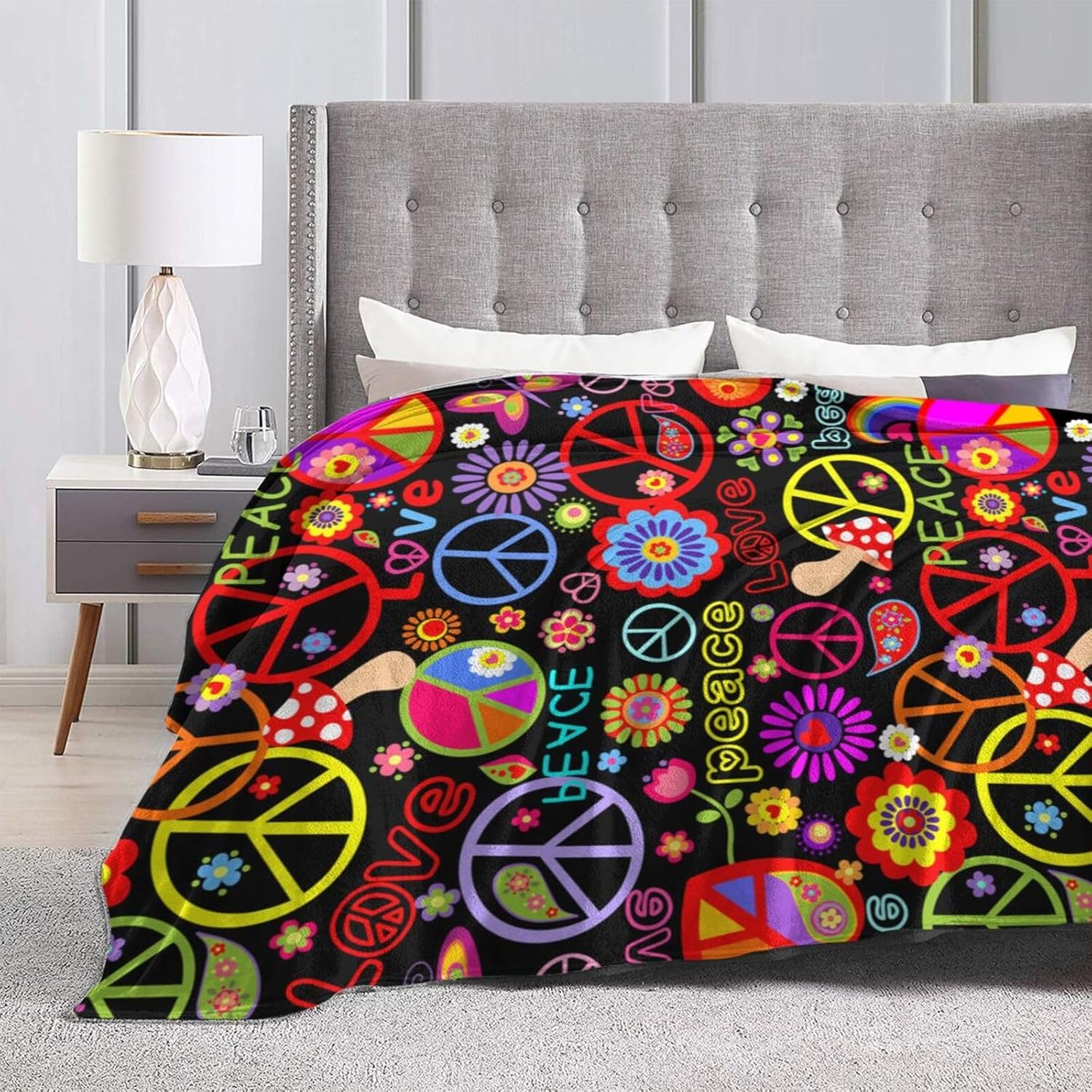 Funny Colorful Hippie Peace Love Blanket, Soft Blankets Flannel Bed Throw Cozy Lightweight Plush Gifts for Women Men Boys Girls Sofa Couch Bedroom Living Rooms Warm All Season, Home Decor, 80"x60"