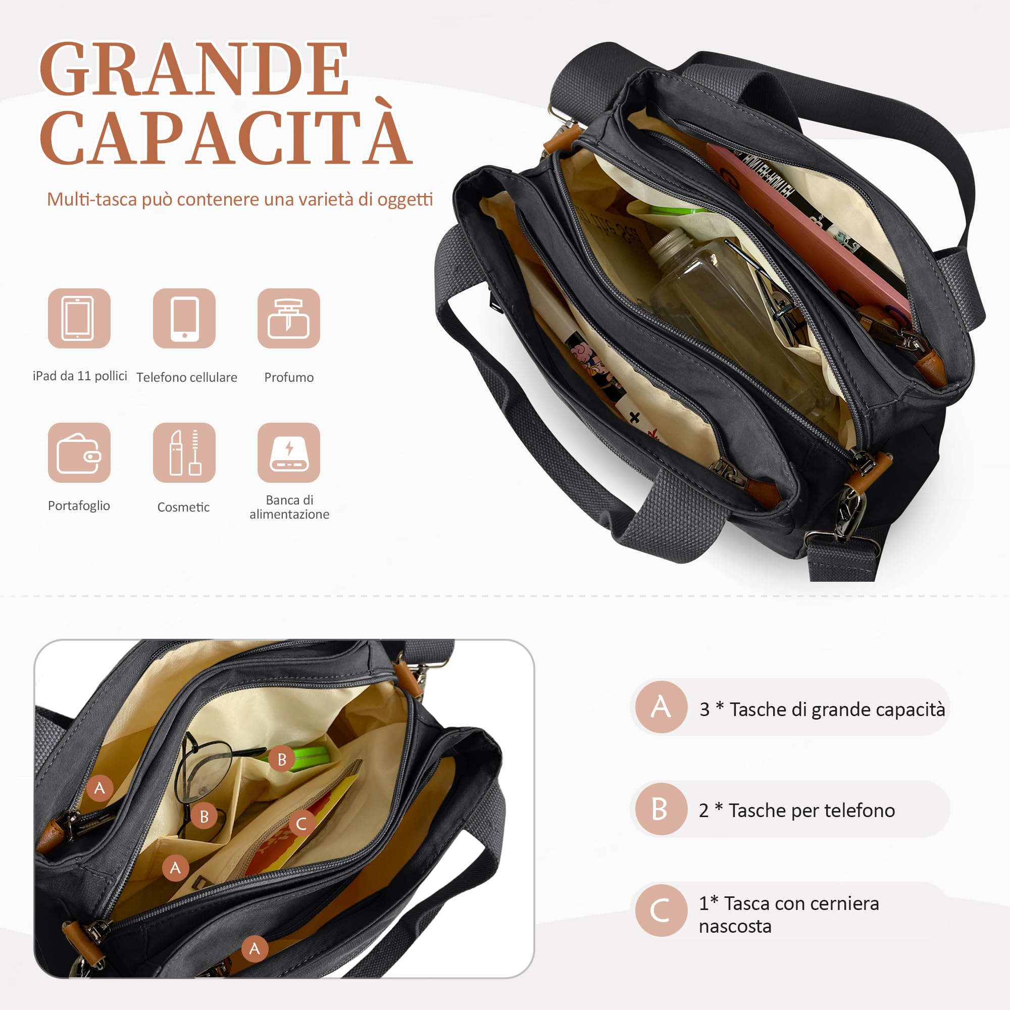 DIRRONA Borsa A Tracolla Donna - Borsa A Mano Multitasche Grande, Con Cinghia Regolabile E Manico Superiore, In Nylon Lavabile, Per Scuola, Lavoro E Viaggio - Borsa Moda Donna Grigio freddo