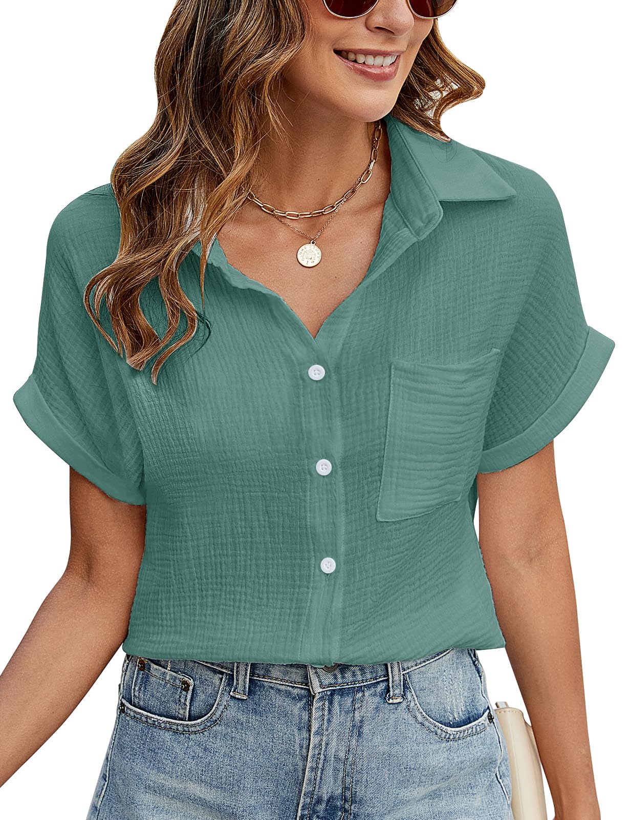 Chemisier pour Femme Chemise Élégante à Manches Courtes avec Col en V Chic Chemise Boutons en Coton Lâches Hauts Décontractés de T-Shirt Blouses