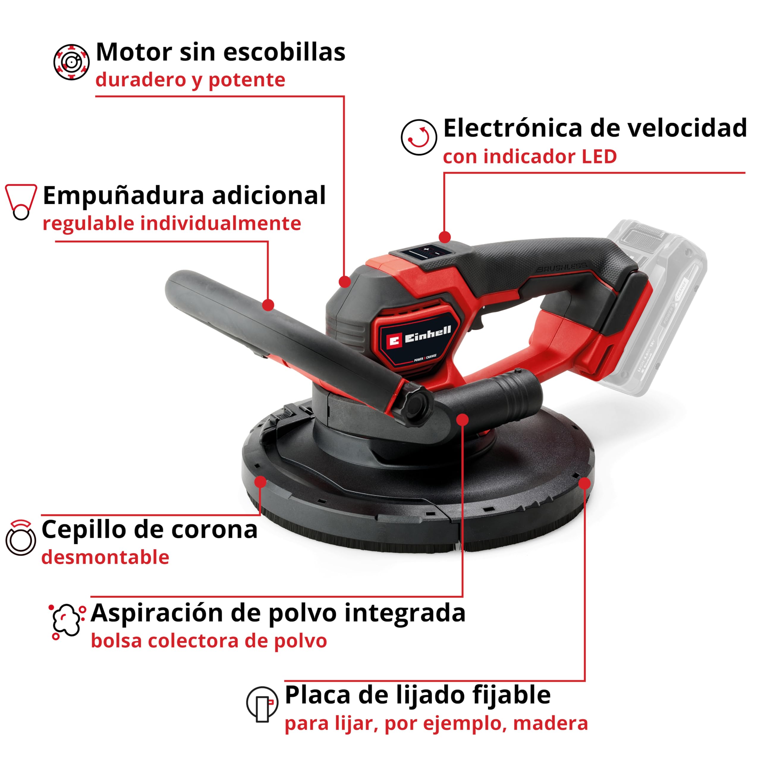 Einhell Professional Lijadora de construcción en seco con batería TP-DWS 18-225 Li BL Solo (18 V, sin escobillas, incl. 6 papeles de lijas de Ø 225 mm y 1 correa de rejilla, sin batería)