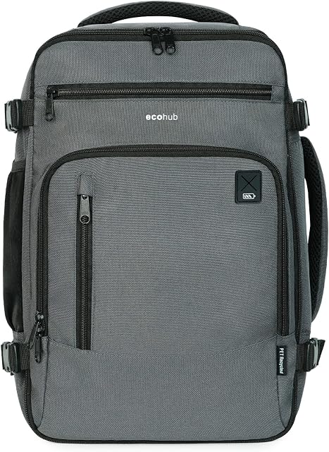 ECOHUB Ryanair Cabin Bag 40x20x25 Travel Hand Luggage Backpack Recycled PET Eco Friendly Under Seat Carry-ons Bag 20L, Grey