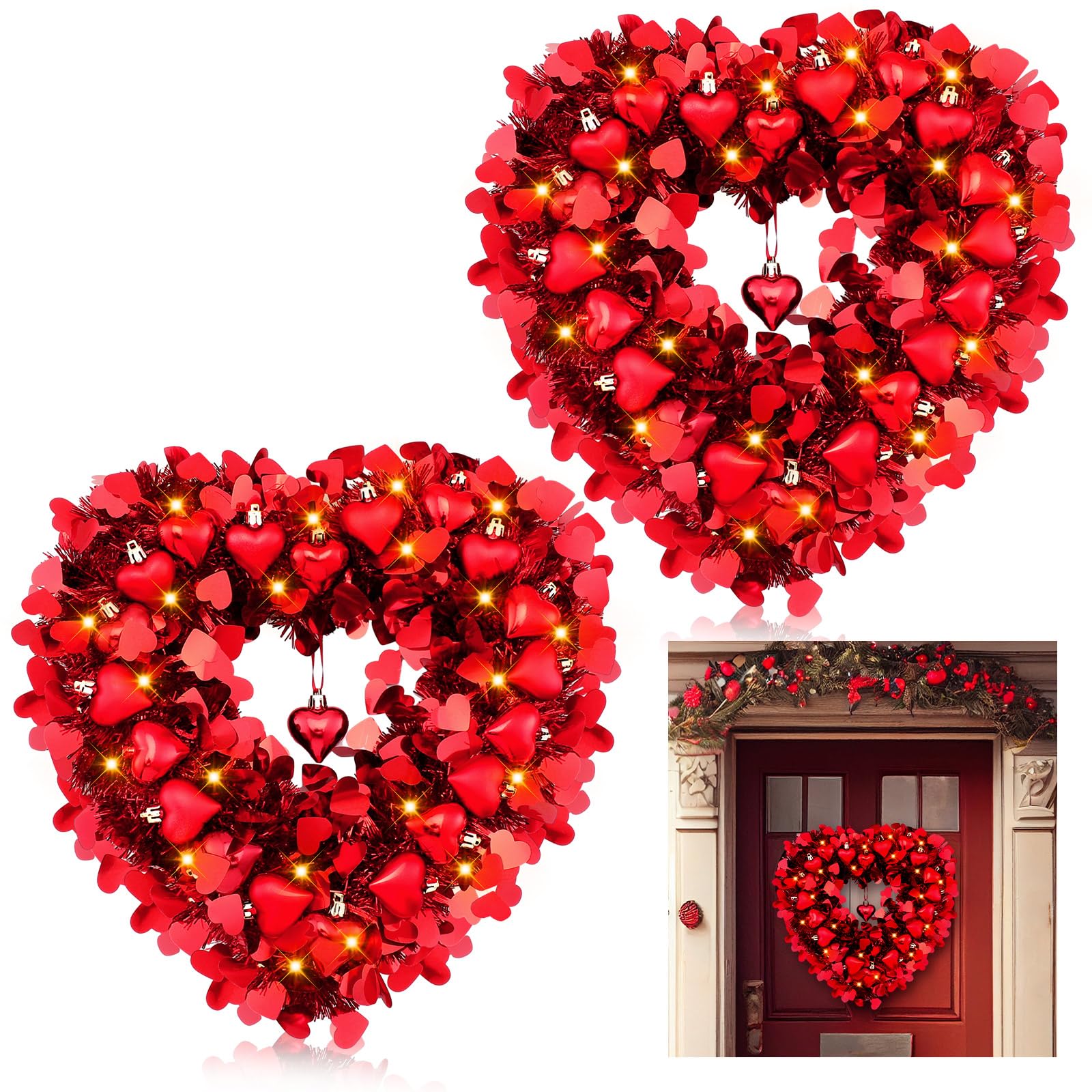 Zeyune 2 Pcs 14" Valentine's Day Wreaths Lighted Heart Shaped Wreath Tinsel with Heart Balls 2 String LED Lights Heart Shaped Front Door Wreath for Valentines Decoration Wedding Party Anniversary