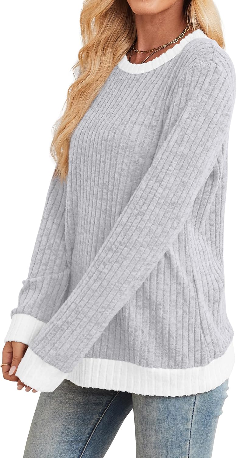 Sampeel Womens Tops Long Sleeve Shirts Lightweight Sweaters Loose Fit Crewneck Color Block Fall Fashion Outfits - Image 3