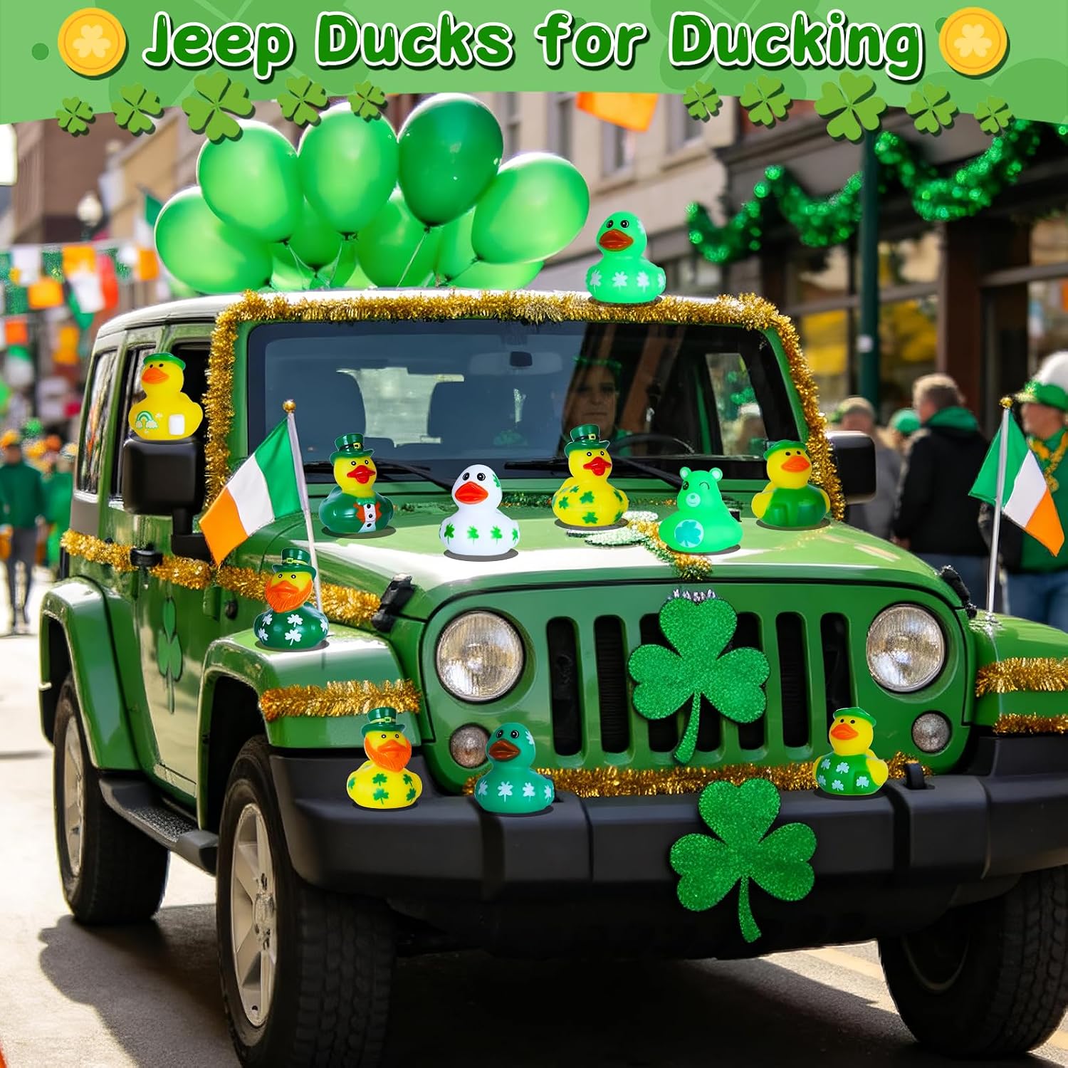 24 Pcs St. Patrick's Day Rubber Ducks,Jeeps Ducks for Ducking,2" Mini Duckies Bath Toys for Kids St. Patrick's Day Party Favors Car Dashboard Decoration Gift Exchange