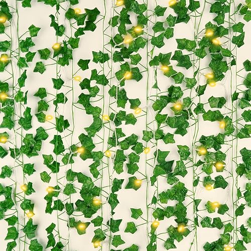 Artflower 12 Pcs 84Ft Artificial Ivy Leaf Plants Fake Ivy Leaves Garland Greenery Garland Hanging Plants Fake Vines with LED String Lights for Room Kitchen Garden Office Wedding Wall Decor