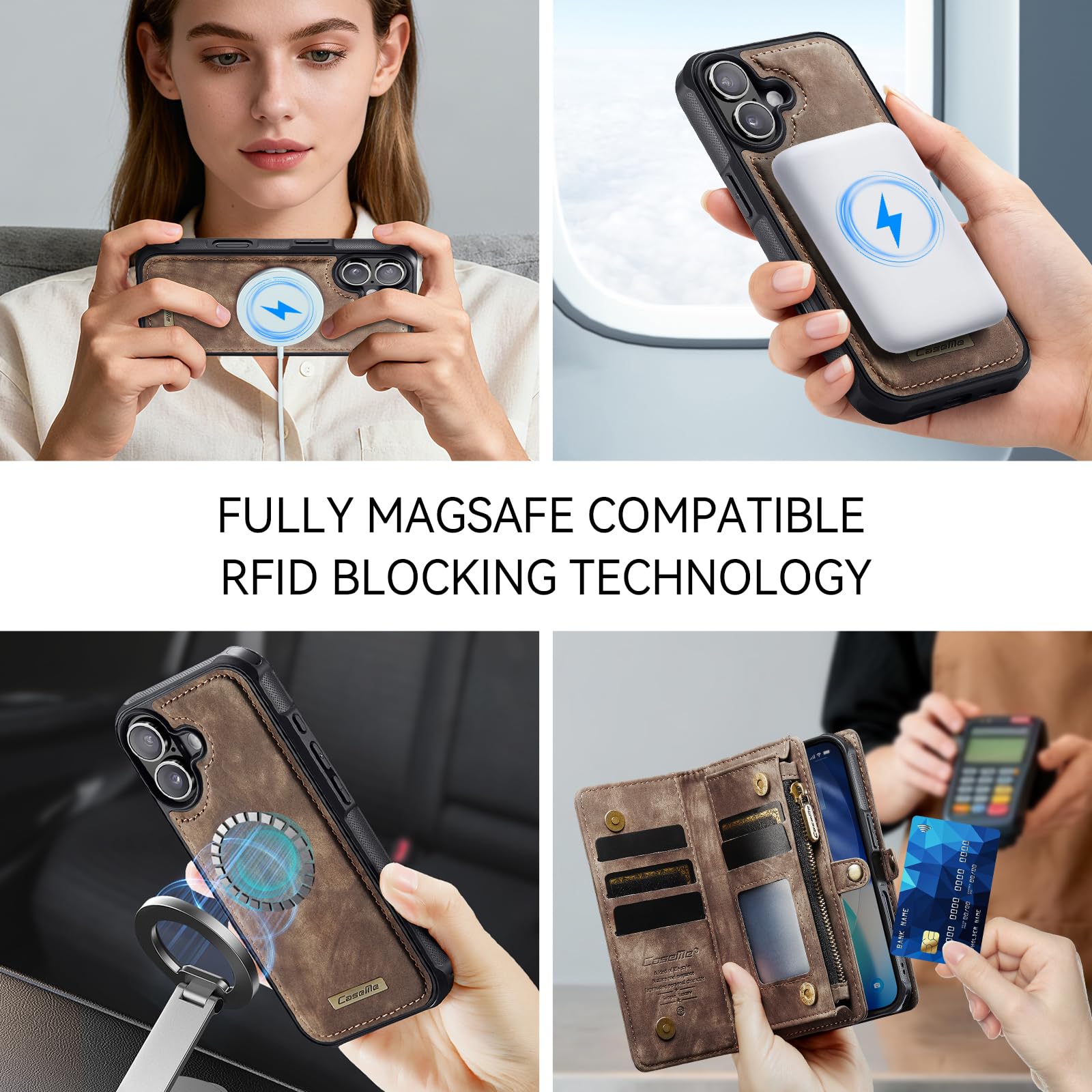 Etui portfelowe na iPhone'a 17 z 8 przegródkami na karty, magnetyczne zamknięcie, kieszeń na zamek błyskawiczny, odpinane magnetyczne wzornictwo 2 w 1, wysokiej jakości skóra PU, z paskiem na