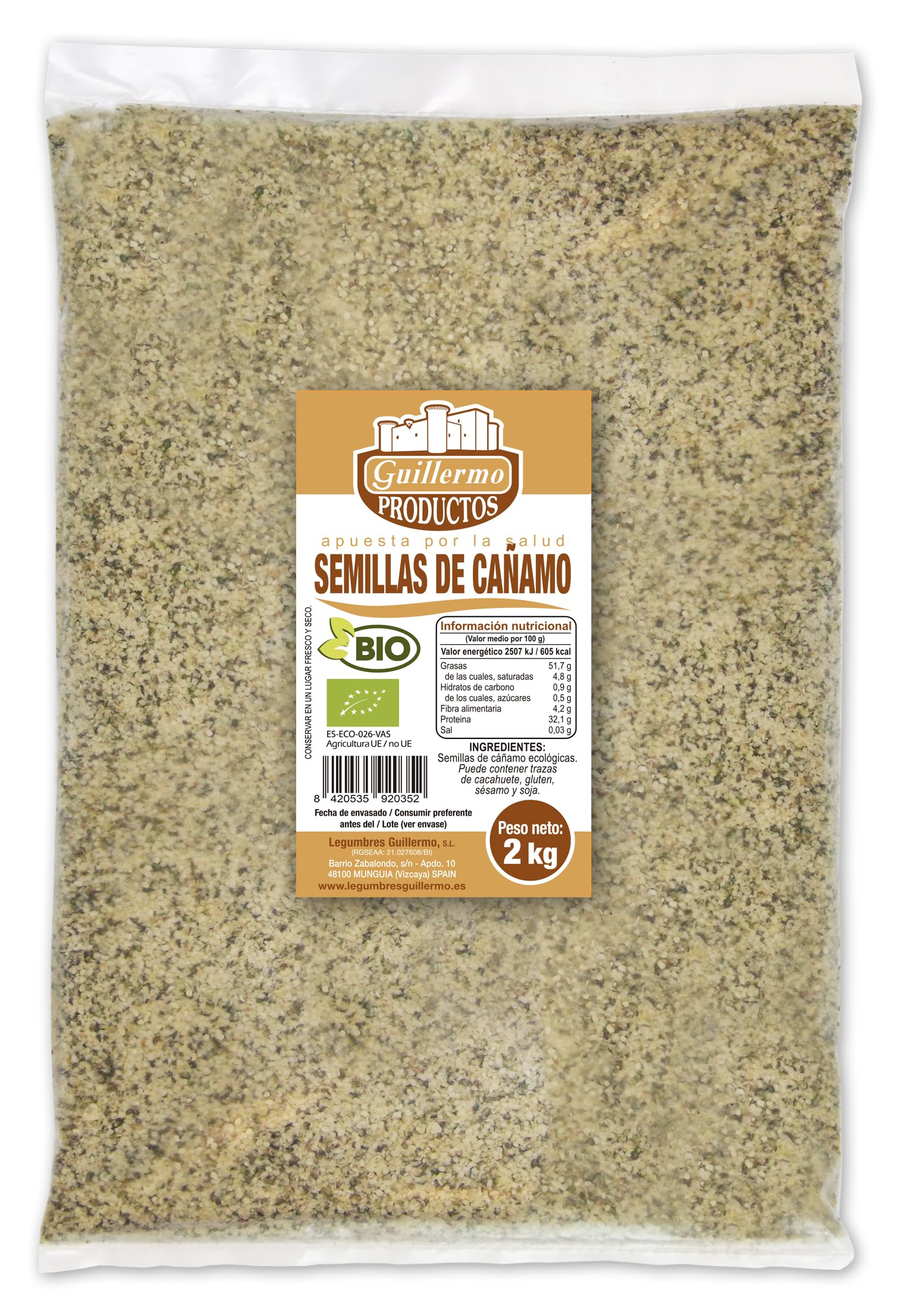 Guillermo | Semillas de cáñamo BIO - Bolsa 2kg. | 100% ecológico | Buen alimento para vegetarianos y veganos | Contribuyen a regular el tránsito intestinal | Aportan ácidos grasos Omega 3 y 6