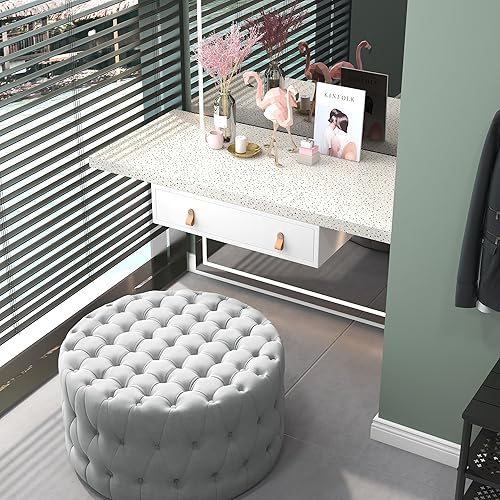 Miniatura 8 de HOMCOM Taburete redondo otomano, tapizado de tacto aterciopelado con diseño capitoné de botones y asiento acolchado para sala de estar, entrada,