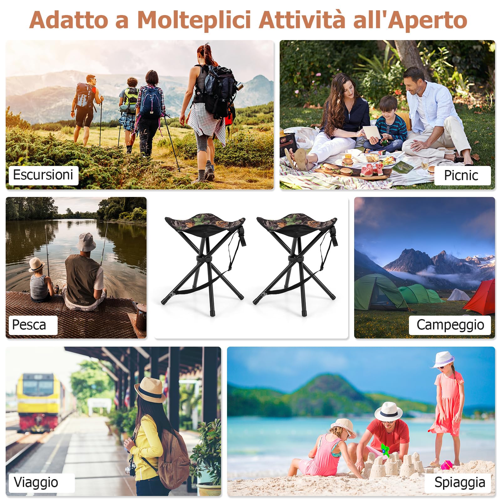 GYMAX Set di 2 Sgabelli da Caccia Pieghevoli, Sedia da Esterno con Tubi in Metallo Spesso e Piedini Antiscivolo, Adatta per Caccia, Campeggio, Pesca e Picnic