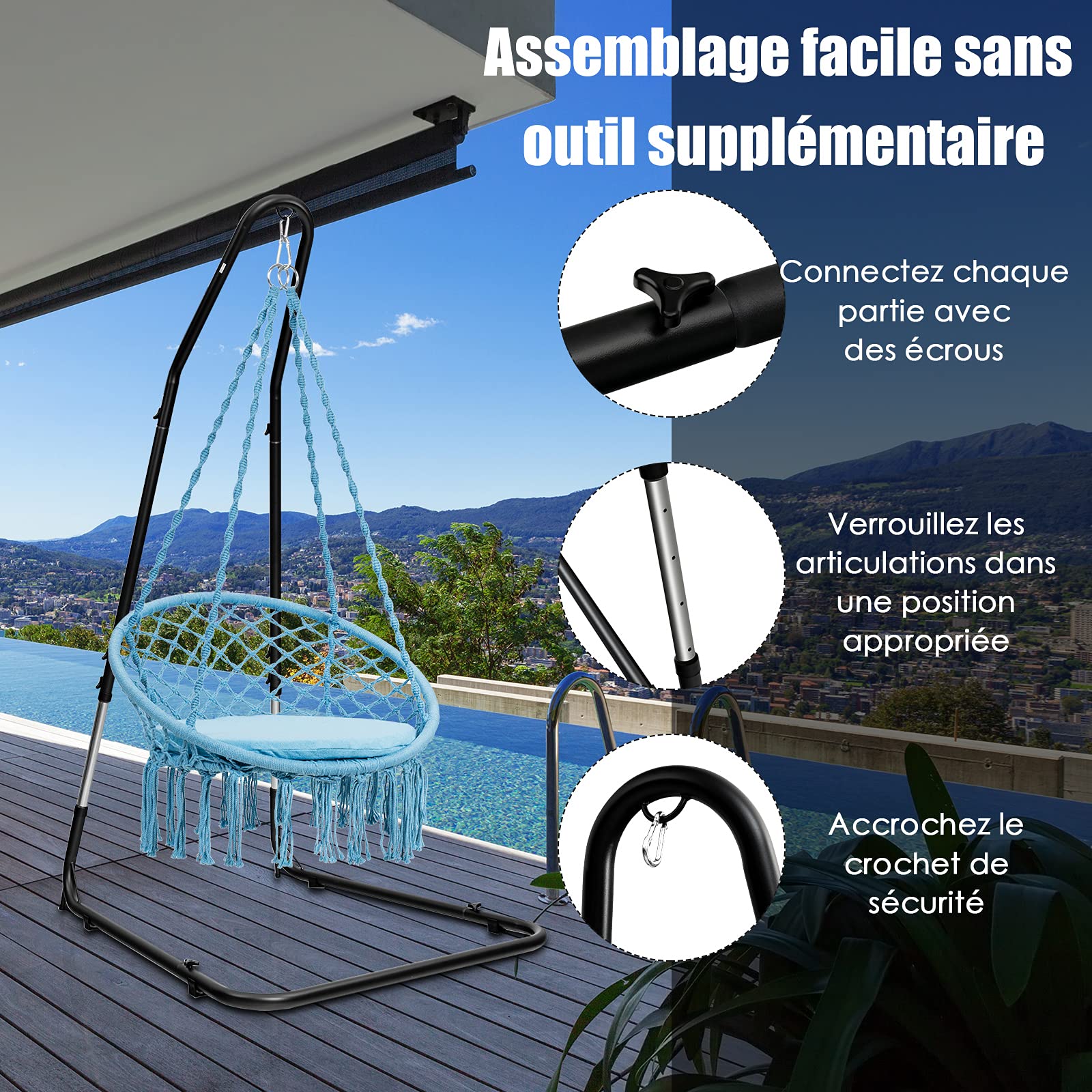 COSTWAY Support pour Fauteuil Suspendu 195-235cm Cadre en Acier avec Crochet de Sécurité Pieds Antidérapants Fixations Verrouillable sans Hamac pour Chambre Véranda Cour Noir