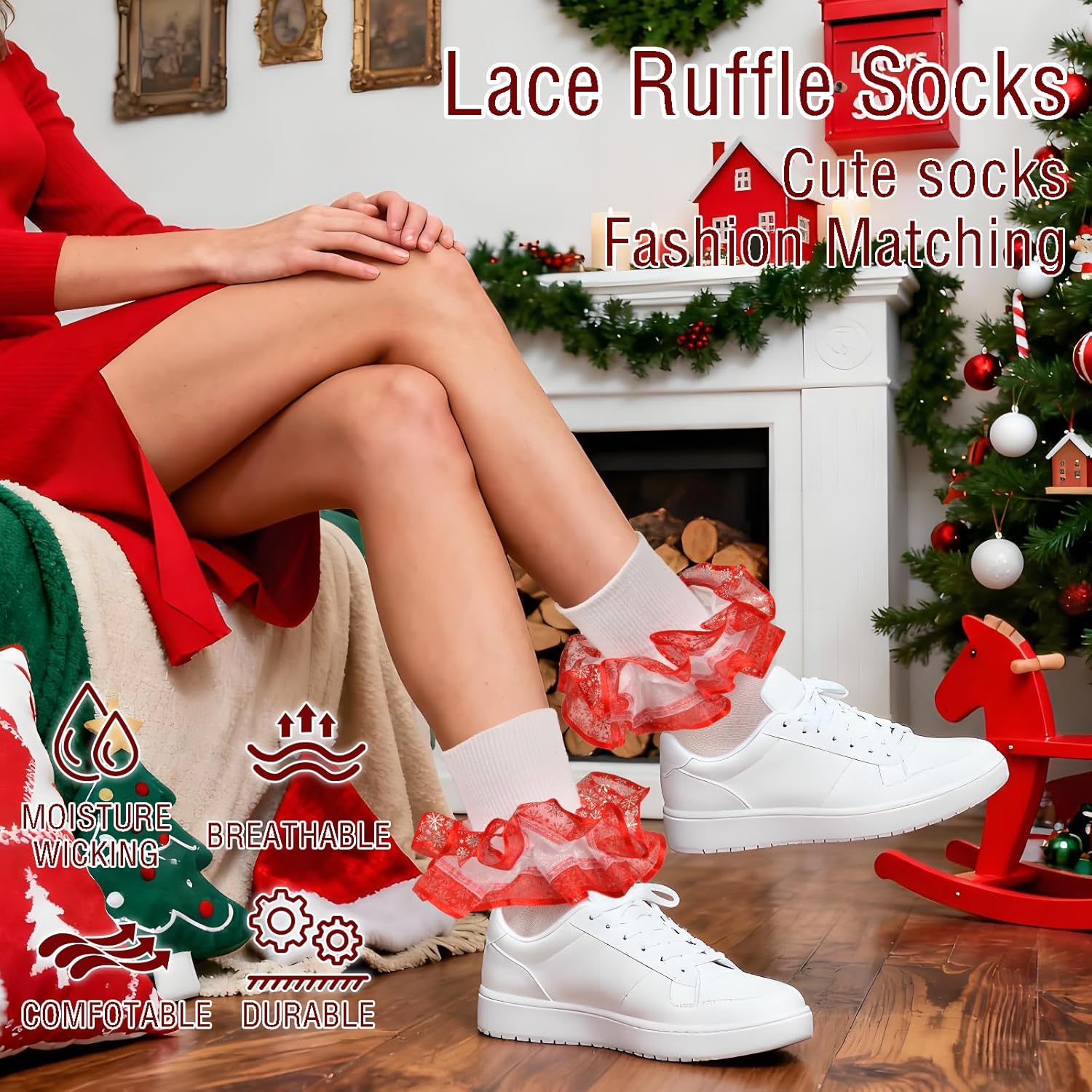 Women Christmas Ruffle Socks, Adult Foldover Cuff Double Lace Frilly Bobby Fancy Sock, Snowflake Pattern(Red Green) - Image 5