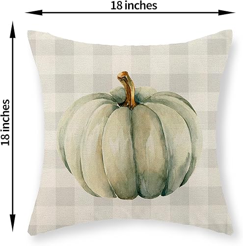 Miniatura 2 de Juego de 2 fundas de almohada de otoño de 18 x 18 pulgadas, color crema de calabaza y búfalo a cuadros, decoración de otoño, de lino, Acción de