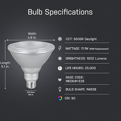 Miniatura 3 de Feit Electric Bombilla LED PAR38, equivalente a 90 W, regulable, luz diurna de 5000 K, 1000 lúmenes, vida útil de 22 años, base E26, bombilla de