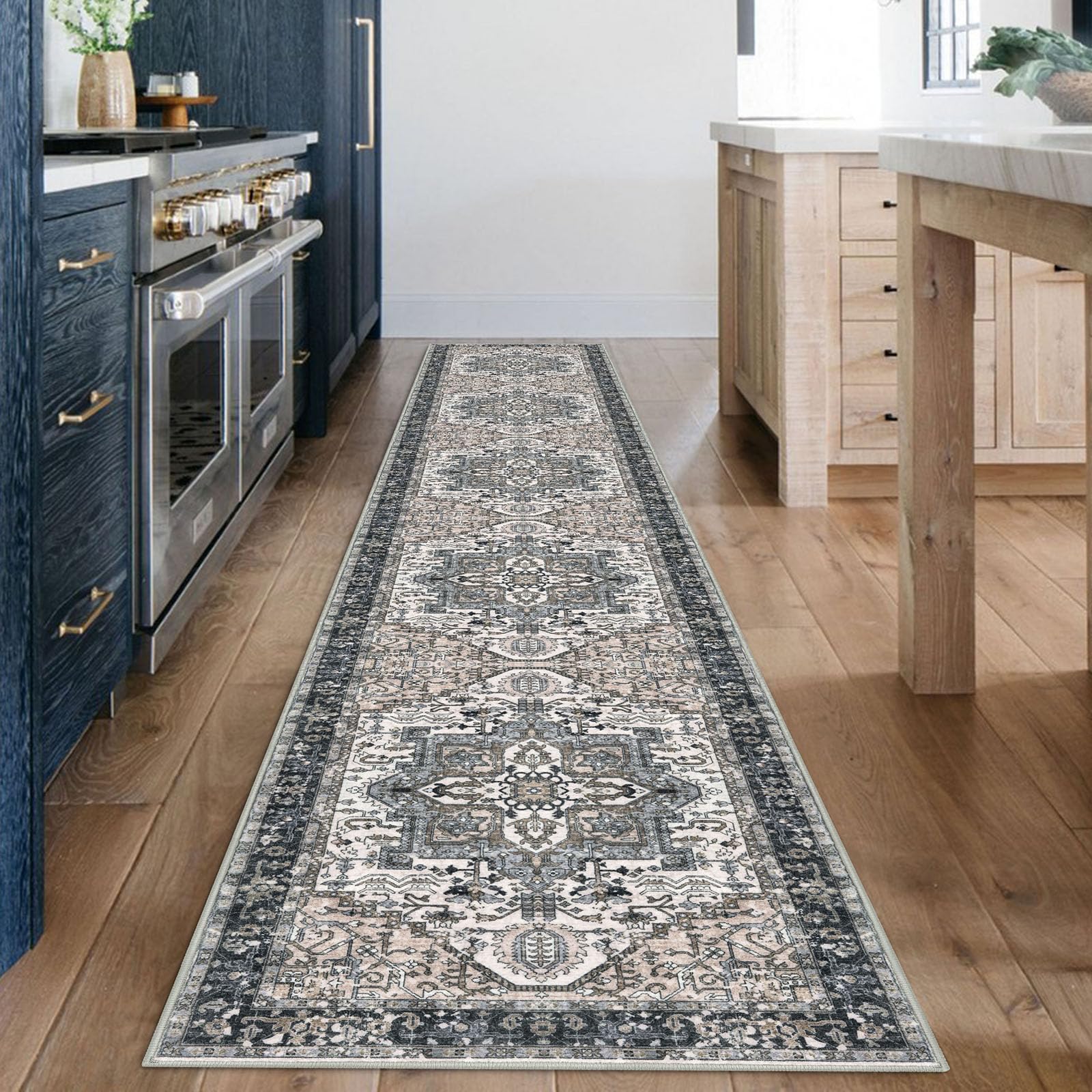 KOZYFLY Runners for Hallways 2x12 Ft Extra Long Washable Kitchen Runner Rug Boho Entryway Rug for Hallways Indoor Printed Faux Wool Stair Runner Carpet for Stairs Kitchen Hall, Black/Taupe/Beige — image 1