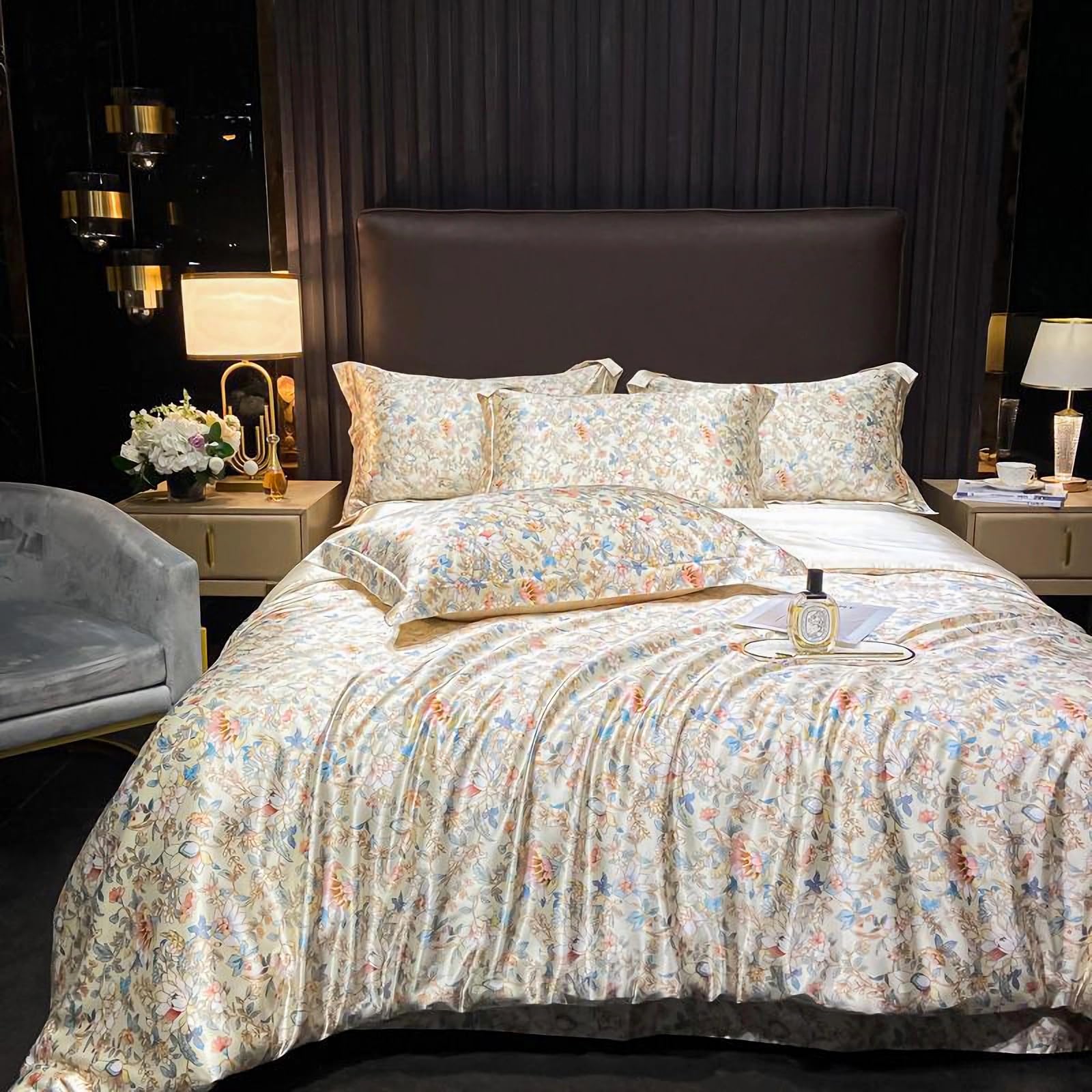 Beige Floral Duvet Cover Queen Size, 4 Pieces Satin Cooling Bedding Set for Hot Sleepers - 1 Patterned Duvet Cover 90x90 Inches with Zipper Closure, 2 Pillowcases, 1 Flat Sheet