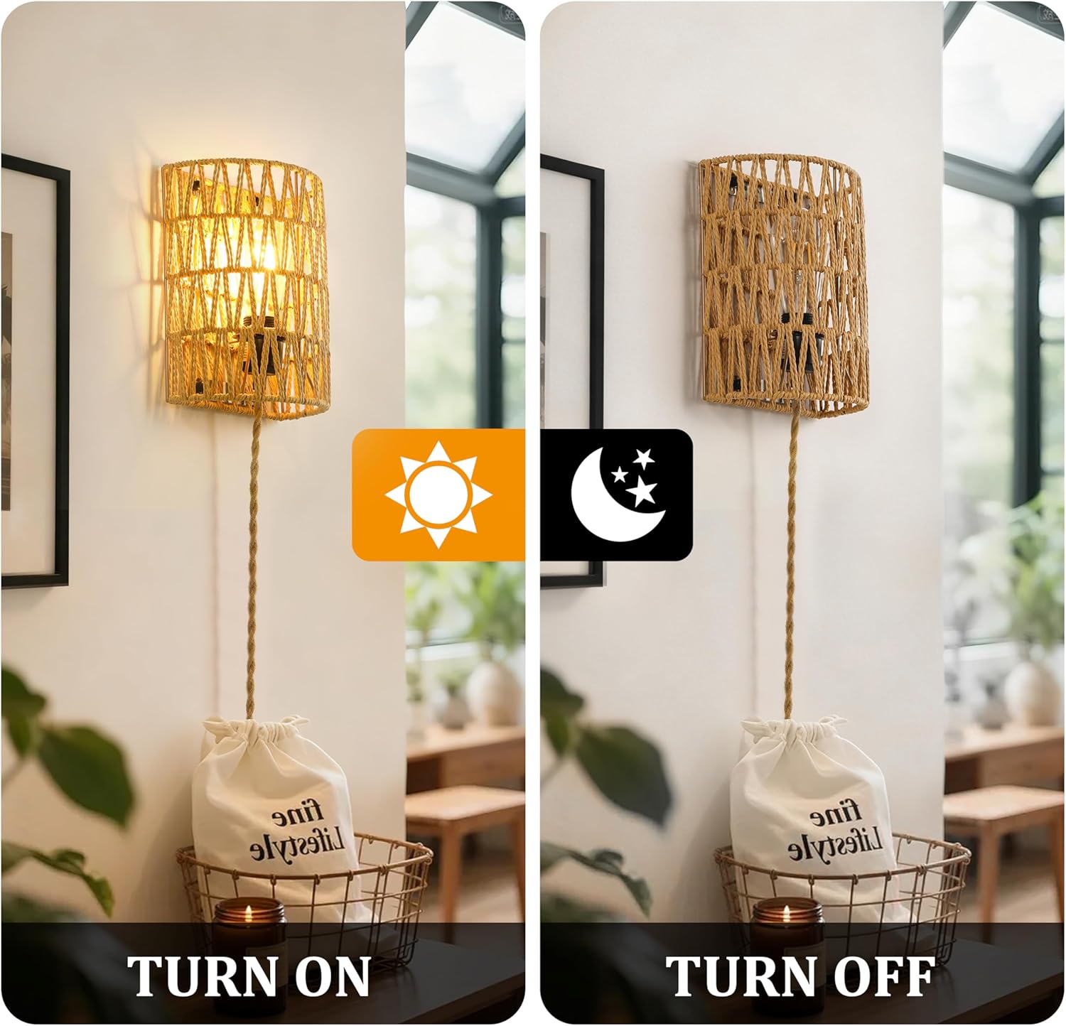 Plug in Wall Sconces, Rattan Sconce Wicker Wall Lamp, Boho Wall Lamp with Plug in Cord, Rustic Boho Light Fixture for Living Room Bedroom Hallway Passway