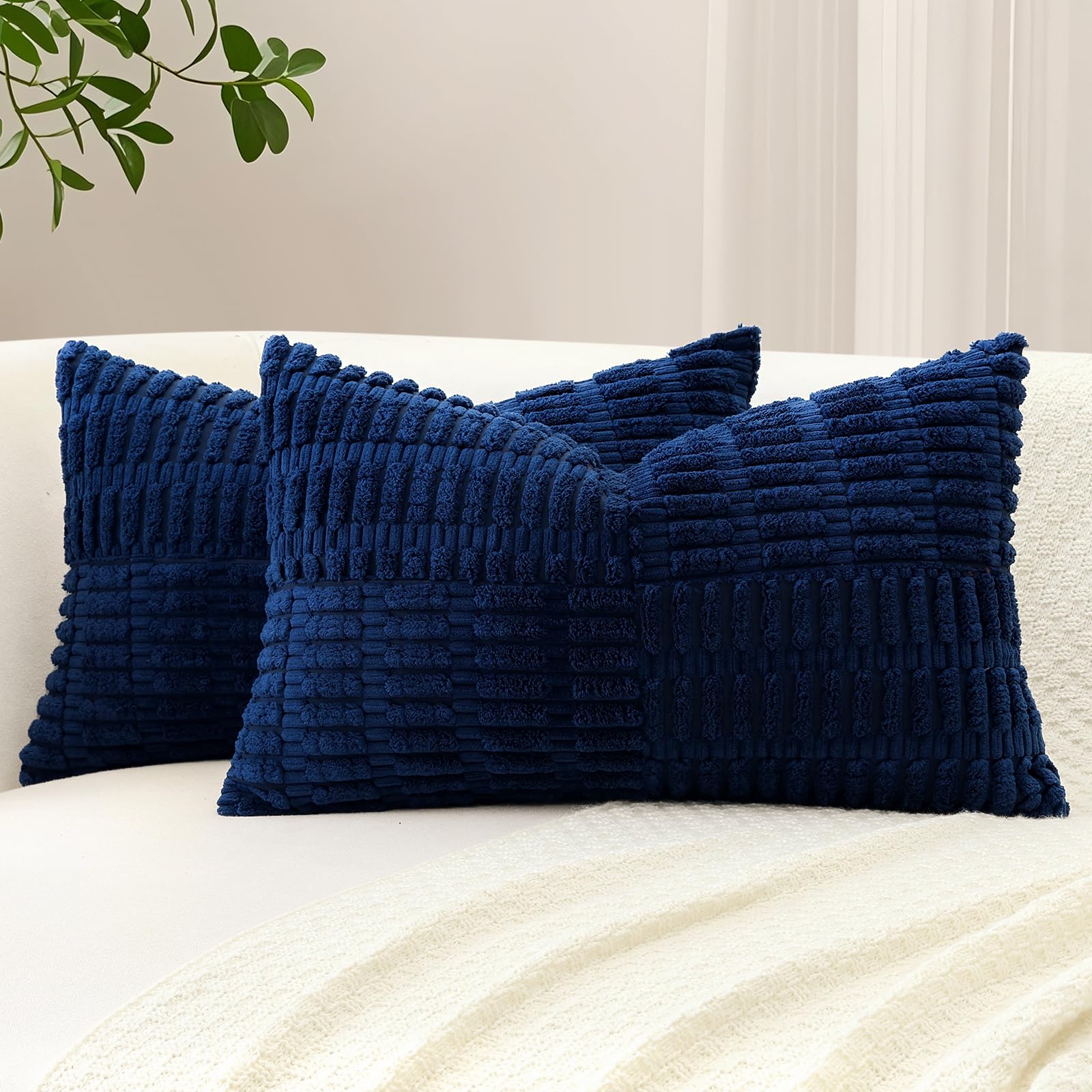 Sungeek Set of 2 Decorative Cushion Covers 40 x 60cm Soft Corduroy Striped Cross Patchwork Textured Pillow Cases Boho Farmhouse Lumbar Throw Pillow Covers for Sofa Bed Patio 16x24 Inch, Navy Blue