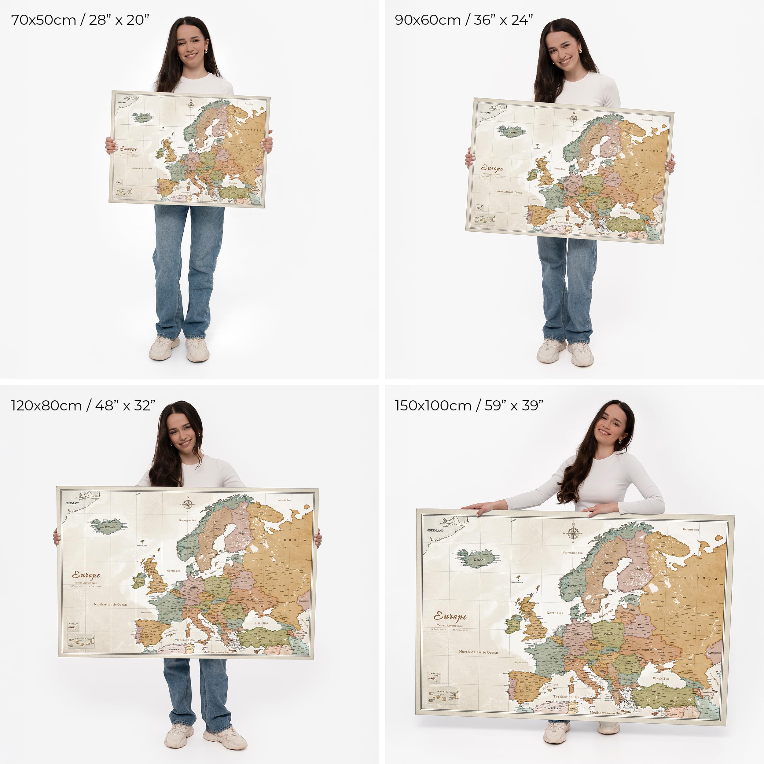 Canvas Europakarte mit Pinnwand Kork zum Pinnen der Reiseziele - Wanddeko für Jeden Raum - Hochwertige Leinwand Bilder mit Europakarte (150x100 cm, Muster 22)