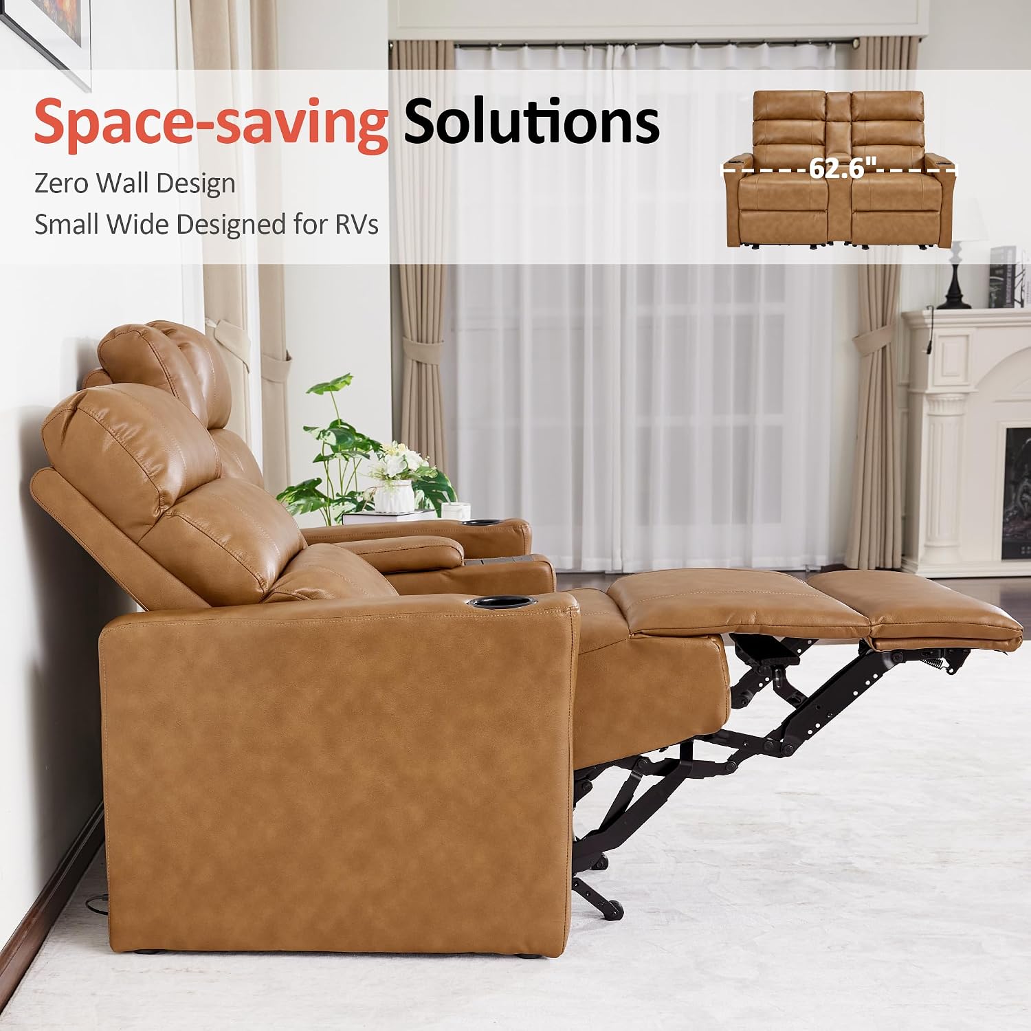 MCombo Power Reclining Loveseat with Console, Zero Wall Hugger, 62.6'' Power Loveseat Recliner, USB Charge Ports, Outlet, Cup Holders, for RVs, Small Spaces, Faux Leather, PR781 (Cognac Tan)