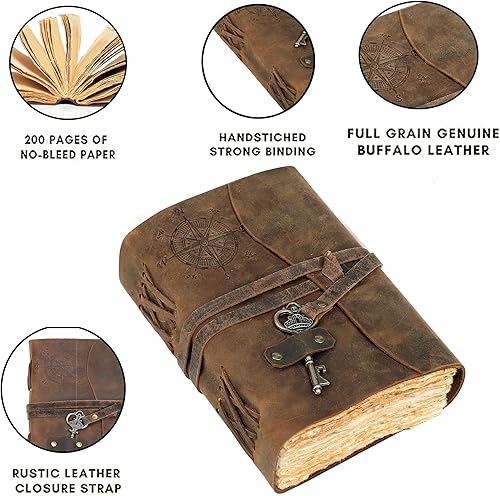 Miniatura 6 de cuero Diario vintage de cuero con brújula, diario encuadernado a mano con borde de cubierta, cuaderno de bocetos de cuero, gran regalo para hombres