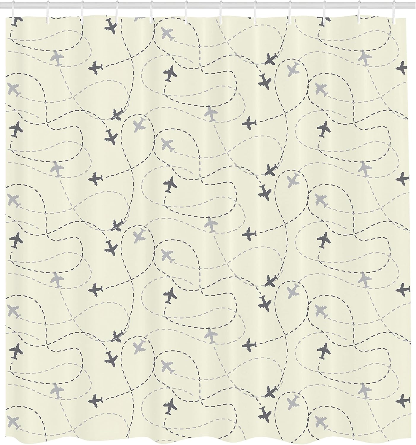 Ambesonne Airplane Print Shower Curtain, Minimalist Modern Pattern of Traveling Themed Silhouettes Simple Ornament, Cloth Fabric Bathroom Decor Set with Hooks, 69" W x 84" L, Cream Grey