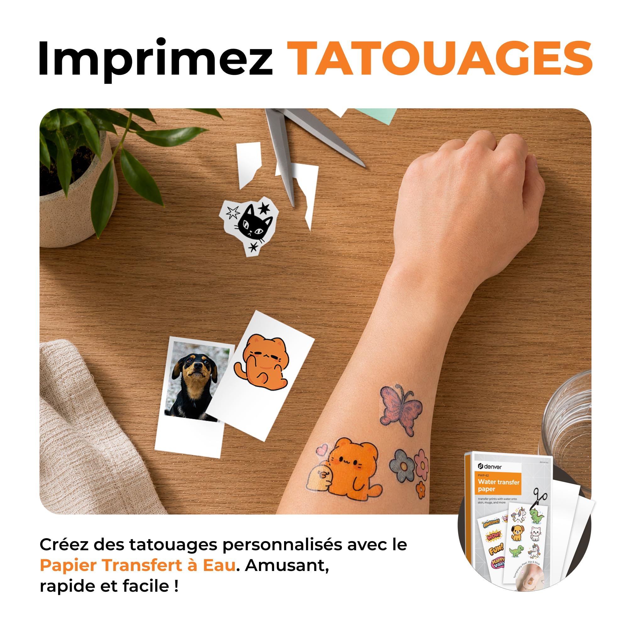 Denver MCP-6010 Mini imprimante photo pour smartphone, imprimante couleur mobile avec Bluetooth 5.2, 600 DPI, iOS et Android, imprimante photo portable avec batterie, incl. cartouche et lot de 20