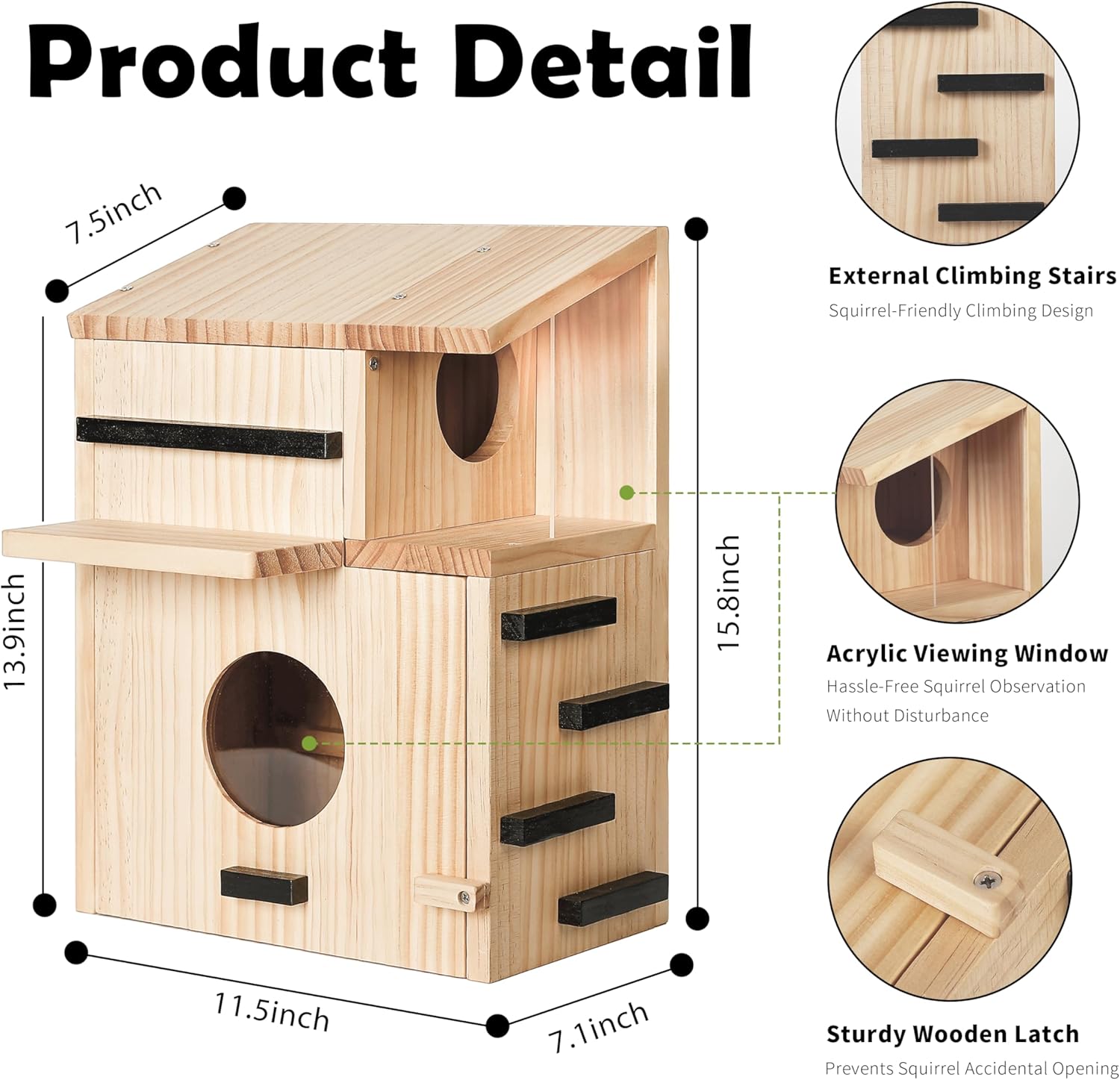 Large Wooden Squirrel House for Outside with Dual Balconies, Squirrel Nesting Box with Acrylic Observation Window, Lockable Front Panel, Easy to Install Squirrel Box for Backyard, Tree or Fence