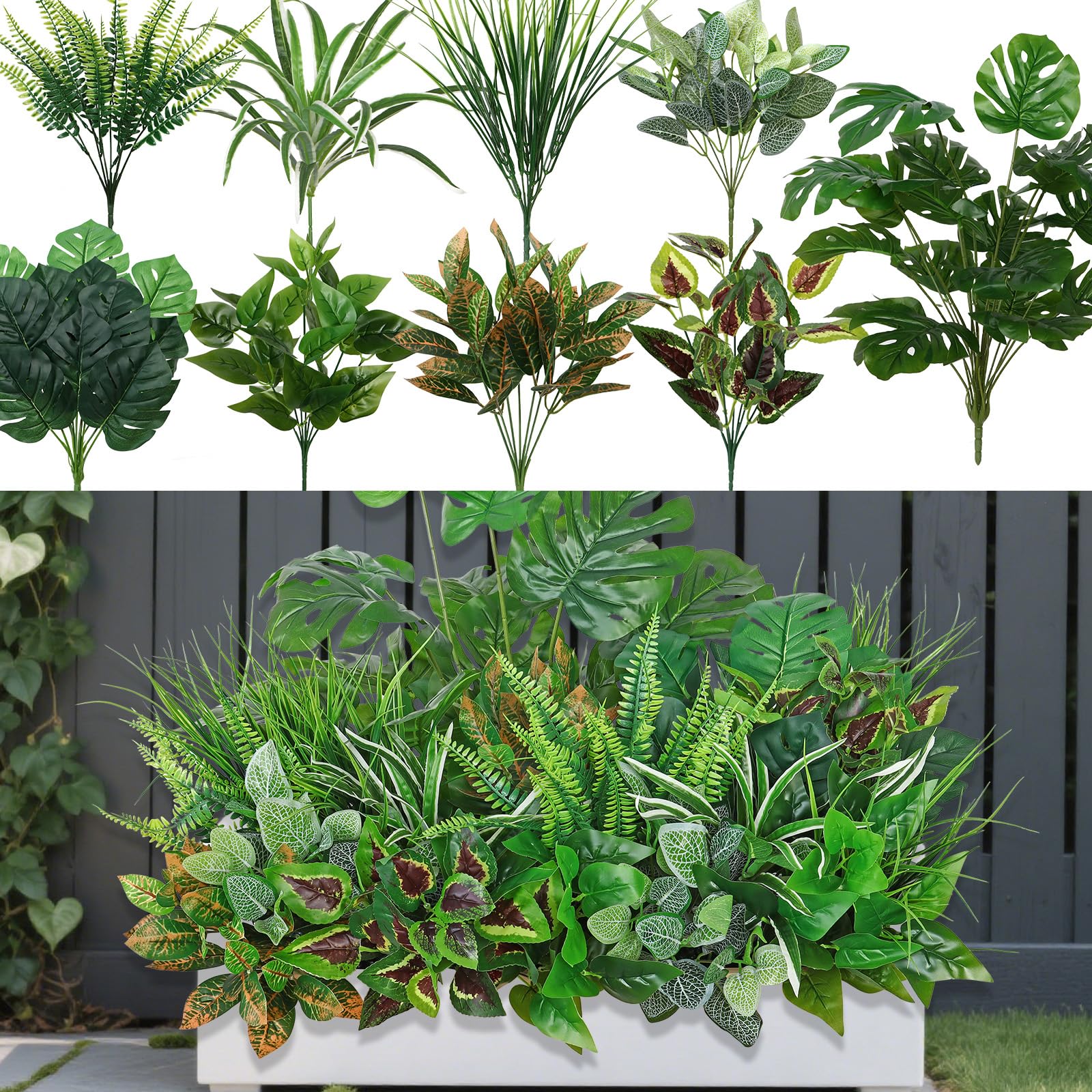 18 piante artificiali per interni ed esterni, resistenti ai raggi UV, arbusti artificiali, piante artificiali per esterni, finestre, verande, giardini, decorazioni