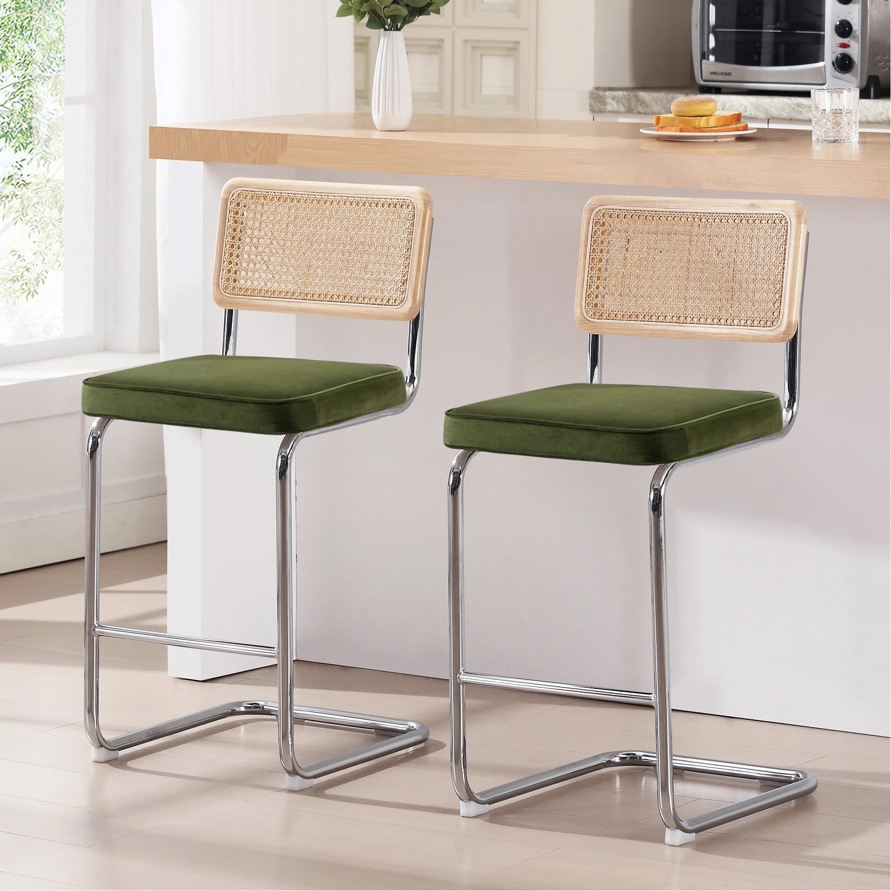 Zesthouse Natural Rattan Bar Stools Set of 2, 26'' Modern Boho Counter Height Bartools with Solid Wood Back, Mid Century Counter Stools with Velvet Cushion, Cane Back Island Chairs for Kitchen, Green