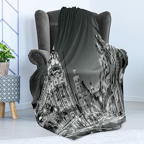 Miniatura 3 de Ambesonne Black and White Throw Blanket, Madrid City at Nighttime in Spain Main Street Architecture, Flannel Fleece Accent Piece Soft Couch Cover