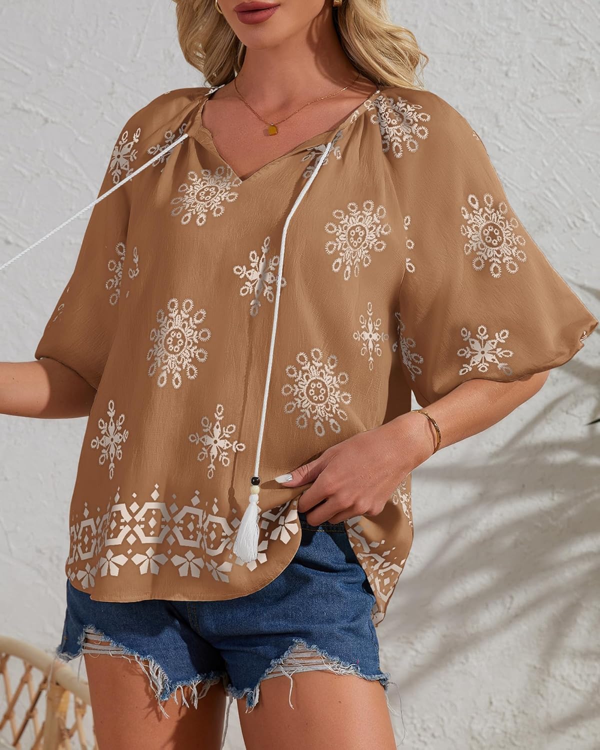 Summer Boho Tops for Women Casual V Neck Women Blouses Tunic Floral Print Beach Vacation Shirts - Image 3
