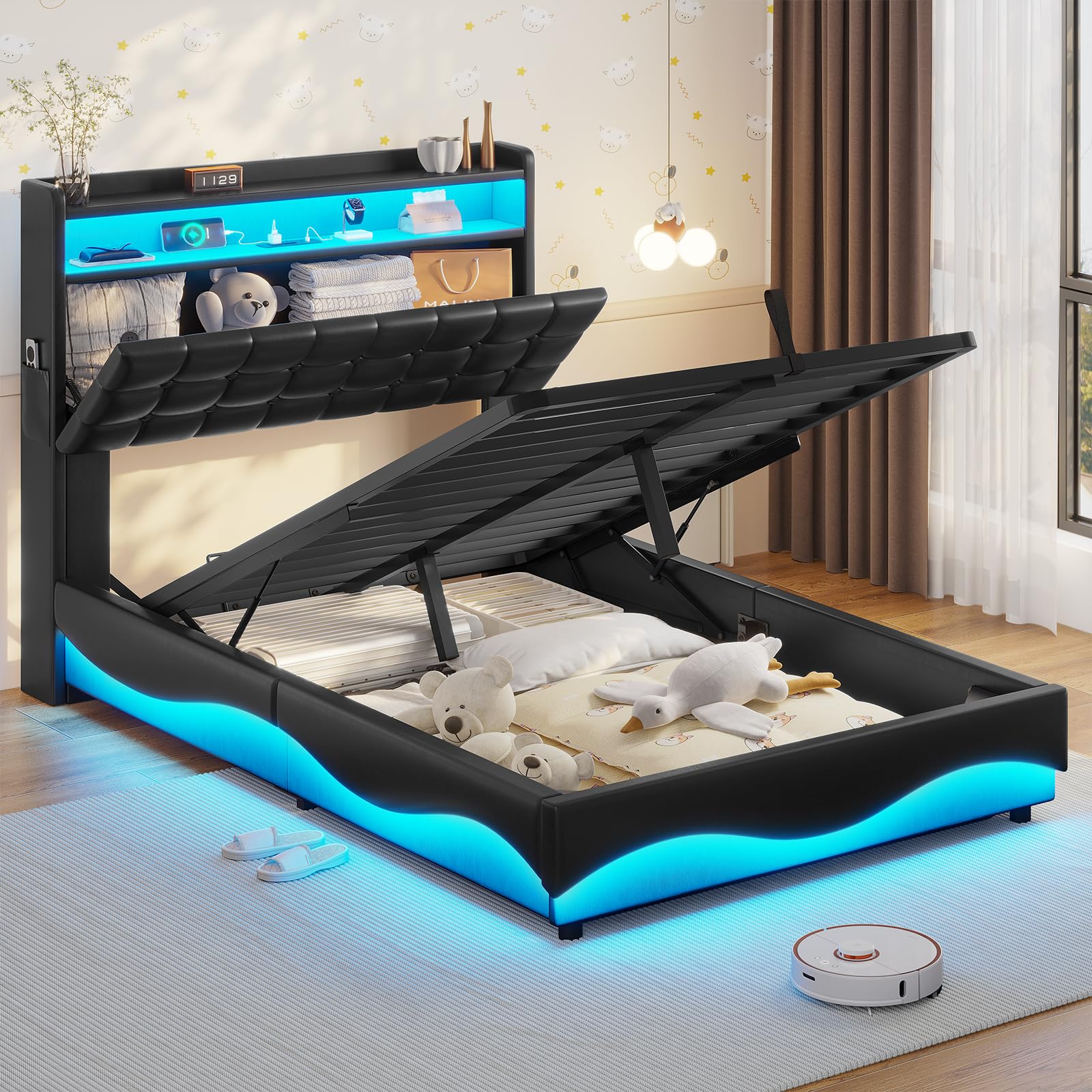 ADORNEVE Lift Up Storage Twin Bed Frame with Type-C Charging Station& Hidden Storage Headboard, LED Lights Upholstered Platform Bed, Twin Bed with