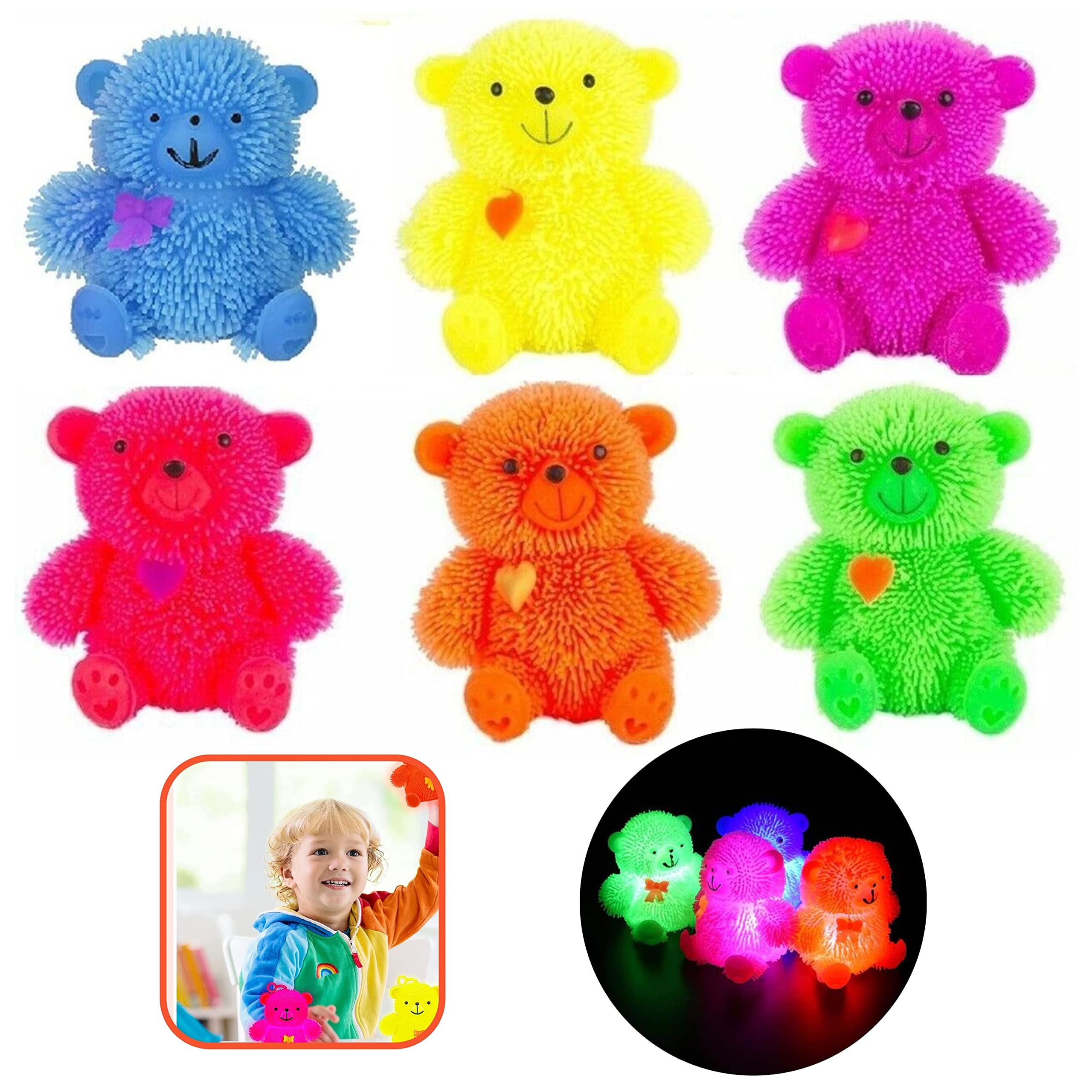 1x Random Teddy Bear Jiggly Puffer Toy, Glow-in-the-Dark Sensory Fidget Ball, Soft Squeeze Stress Relief Toy, 9cm Party Favour for Kids 3+ Years