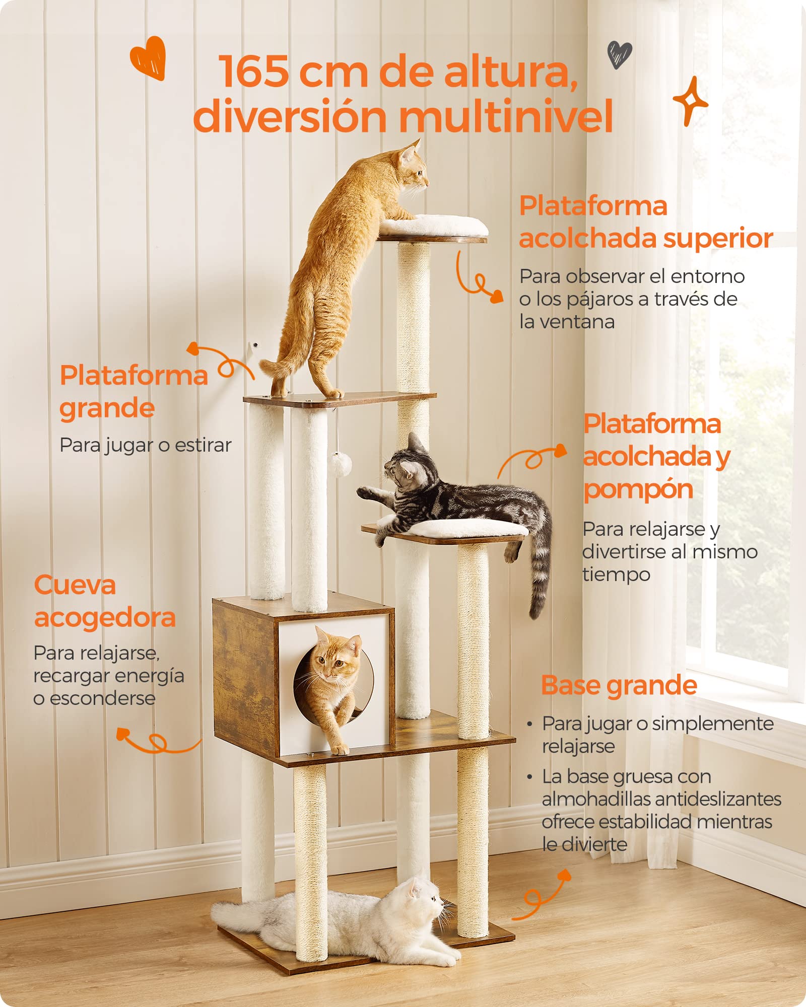 Feandrea Árbol para Gatos, Torre de Gatos 165 cm, 5 Postes para Arañar, Cojines Lavables y Desmontables, Plataforma, Cueva, Mueble de Interior, Marrón Rústico PCT166X01