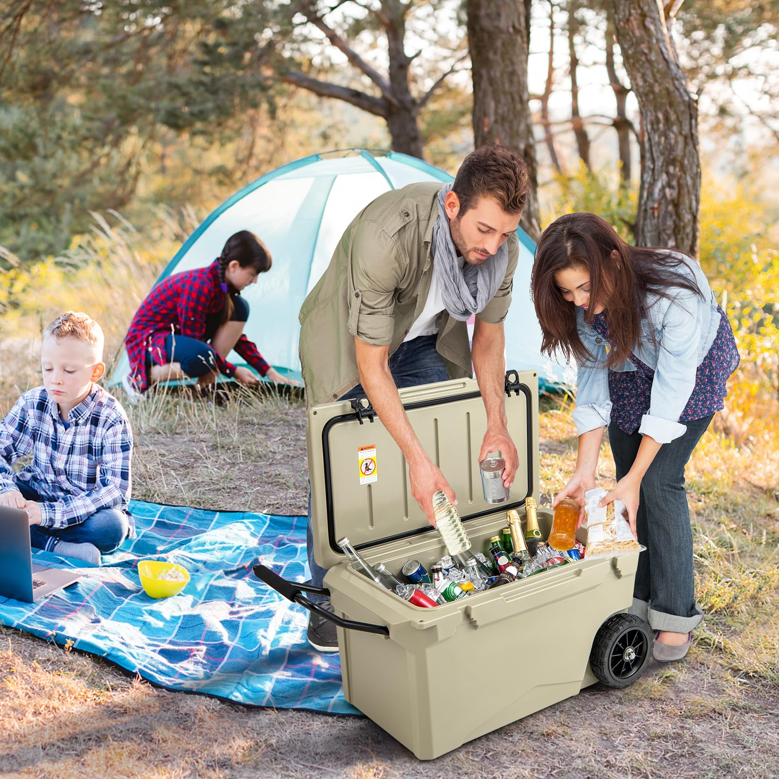 COSTWAY 71L Isolierbox tragbar, Kühlbox grau inkl. Alugriff & großen Rädern, Wärmebehälter mit Flaschenöffner und Abflusssystem, Thermobox belastbar bis 100kg für Camping Picknick Angeln