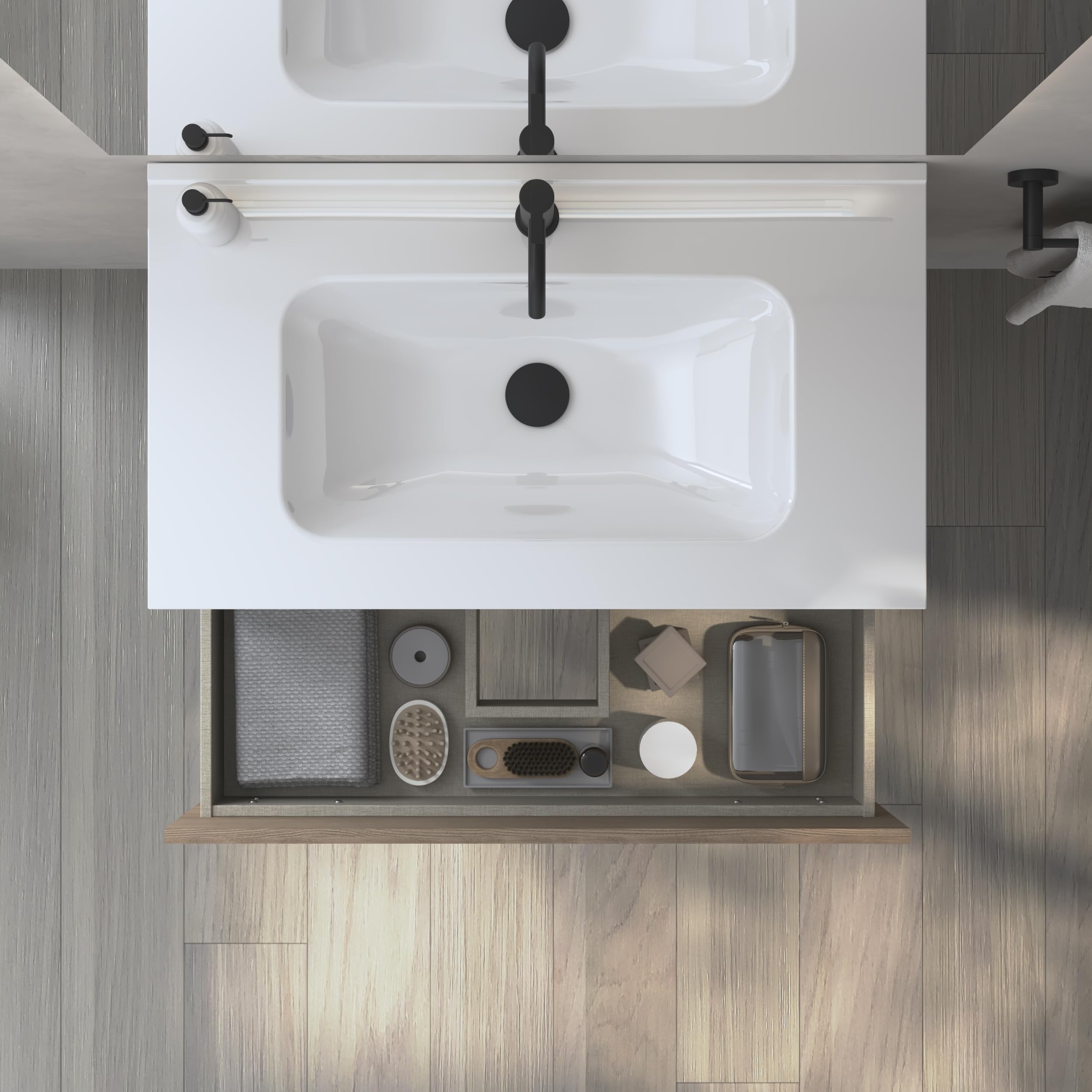 EstiloBaño - Aurora | Conjunto Mueble de Baño SUSPENDIDO con 2 Cajones + Lavabo | Disponible 60-80-100 + Blanco - Nogal 【Ancho 60】 【Nogal】